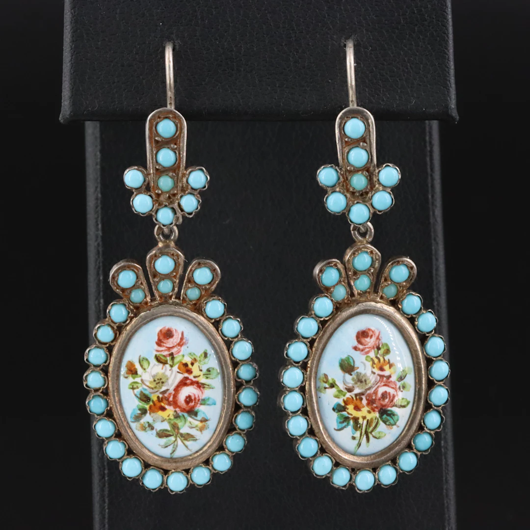 Vintage Sterling Ceramic Floral Portrait & Faux Turquoise Earrings