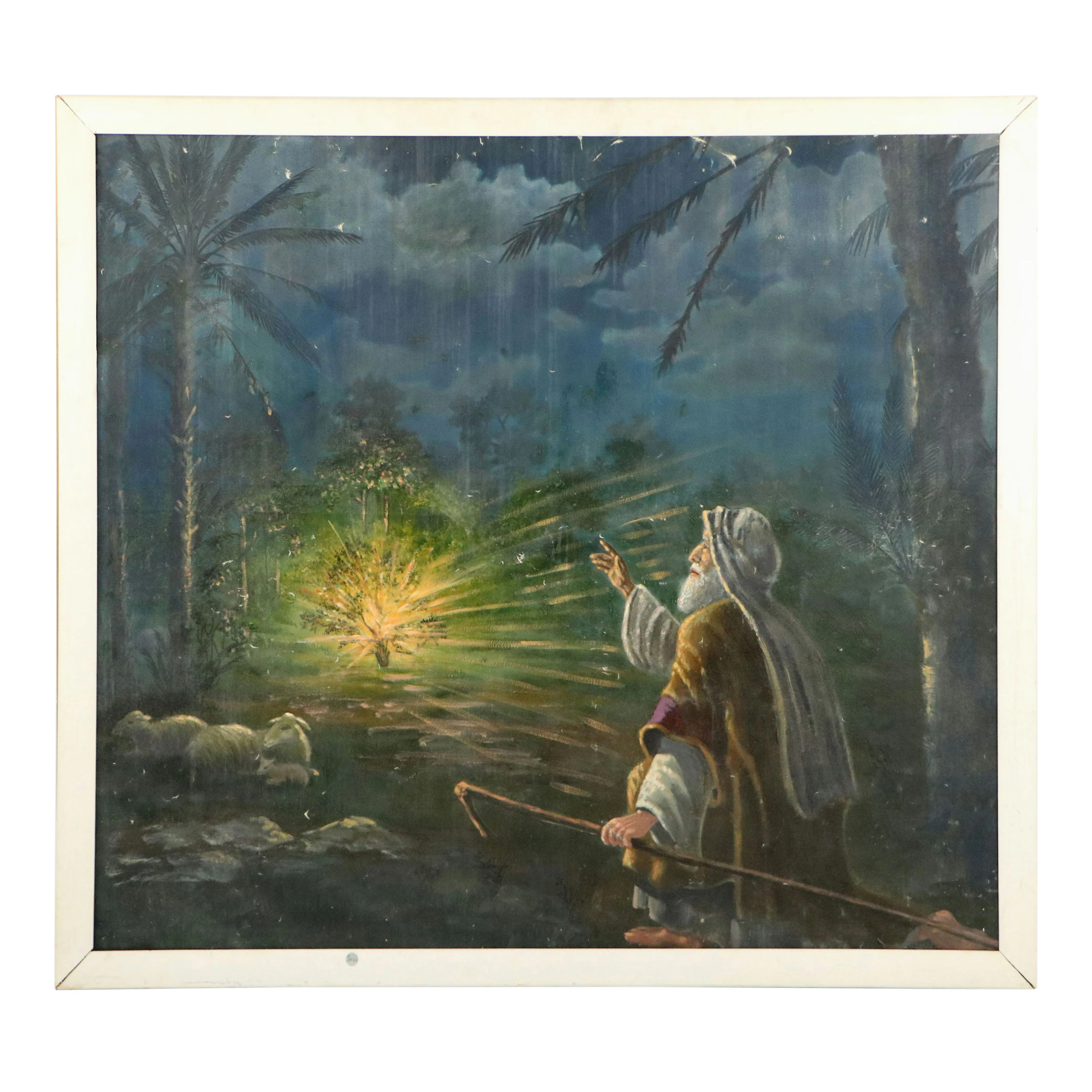 Old Testament Oil Painting "Moses and the Burning Bush," Late 20th Century