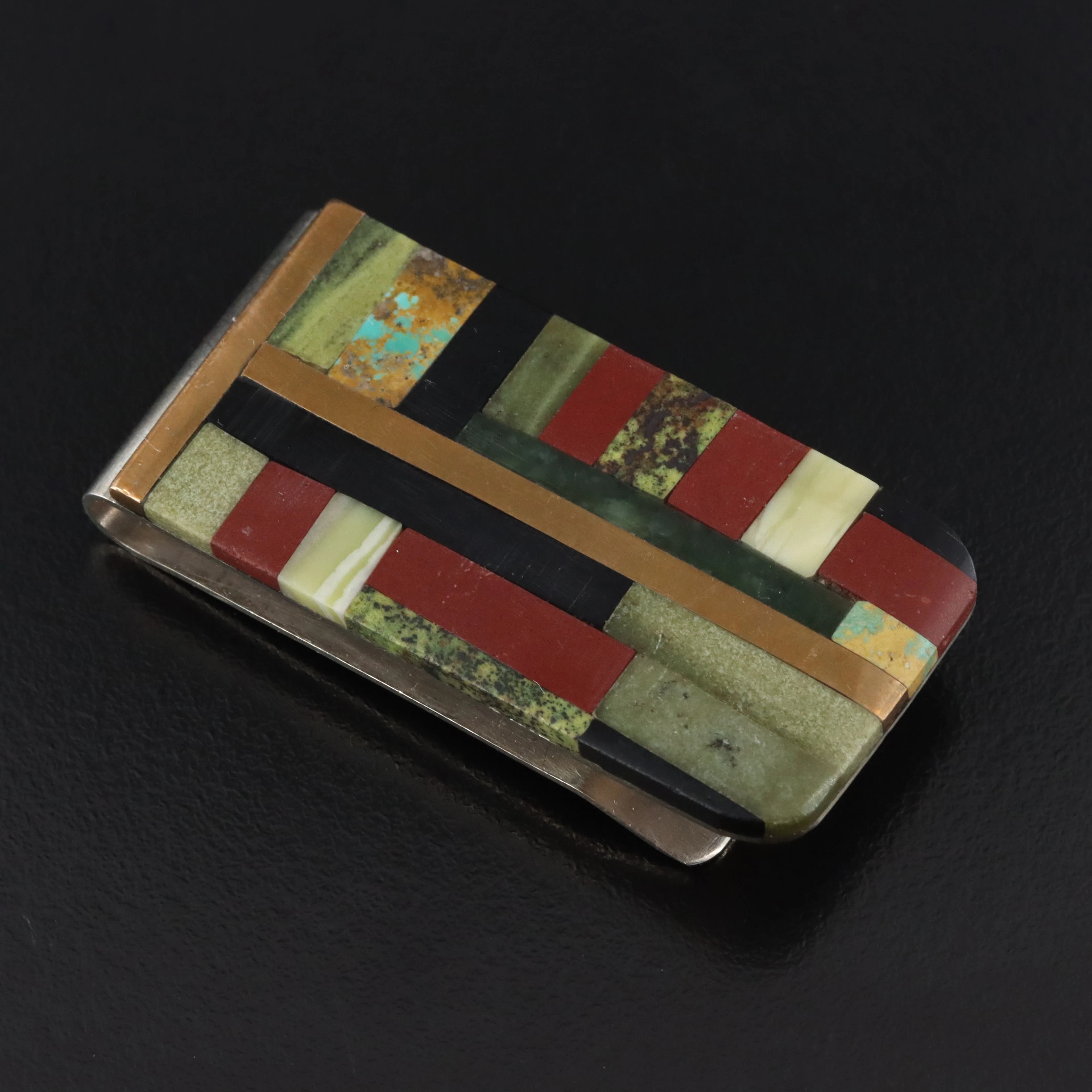 Vintage Signed Mosaic Inlay Money Clip with Turquoise, Calcite and Catlinite