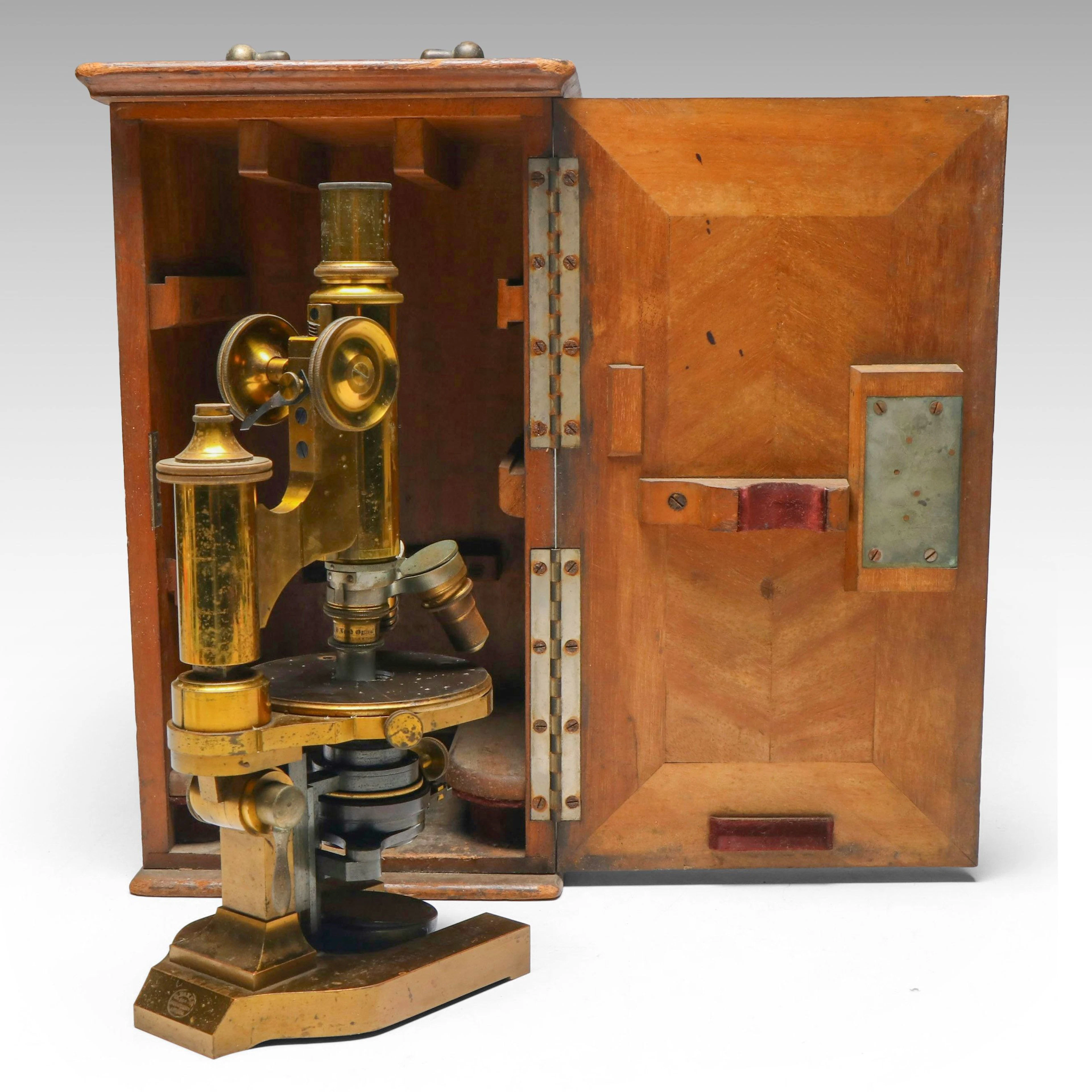 Ernst Leitz Brass Microscope with Wood Case, Late 19th Century