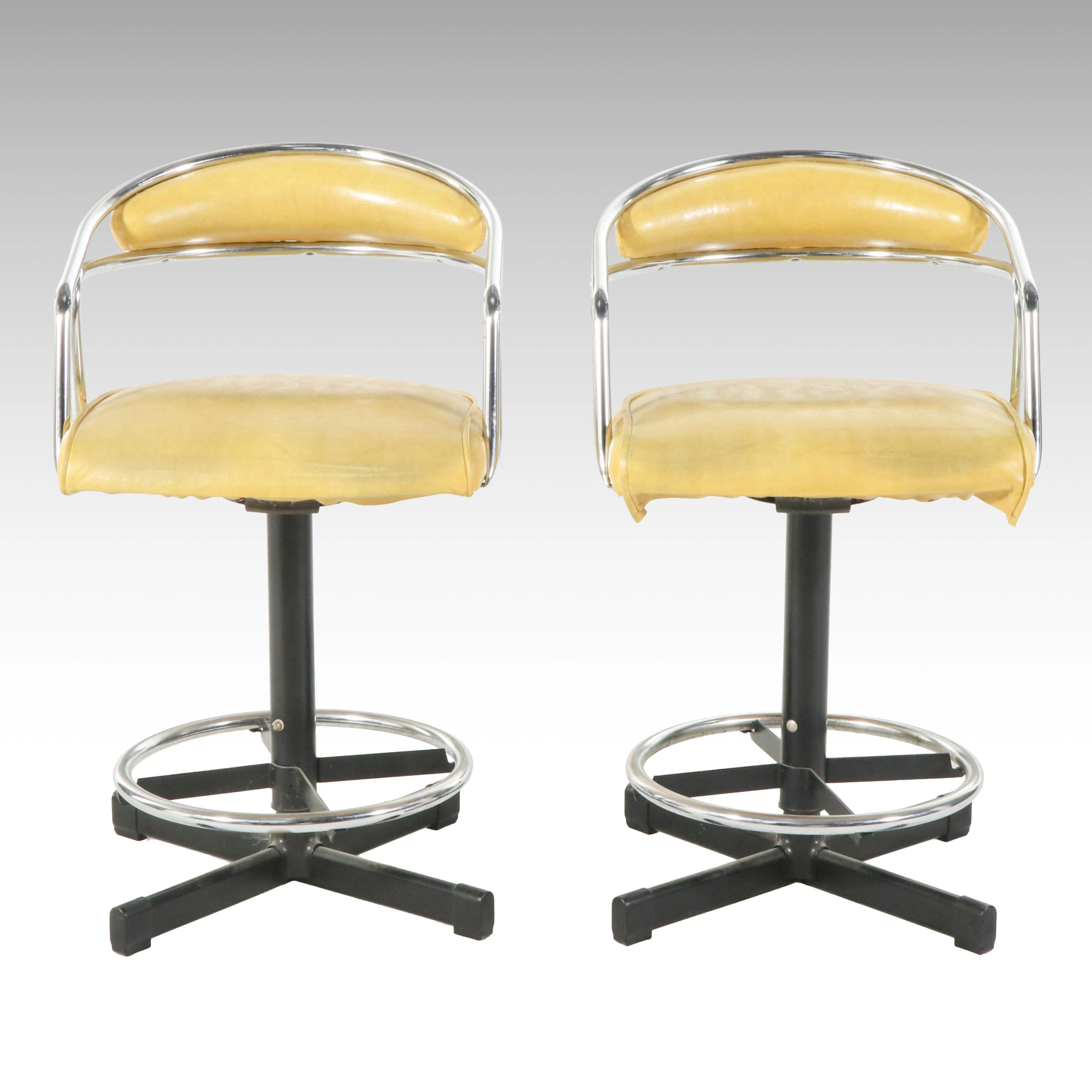 Pair of Samsonite Mid-Century Yellow Vinyl and Chrome Barstools