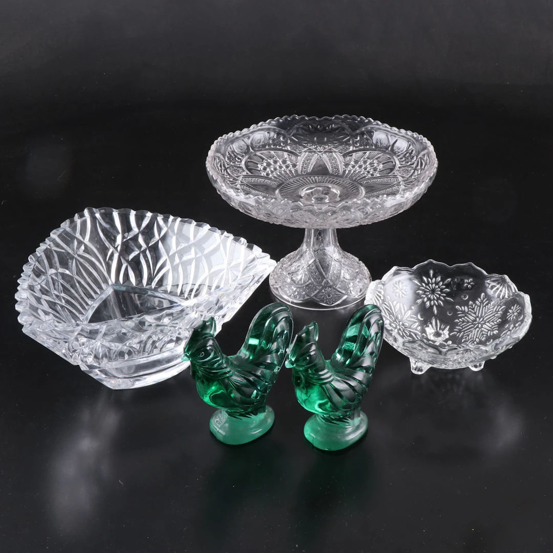 Mikasa "Bali" Glass Bowl with Fenton "Rooster" Figurines and More Décor