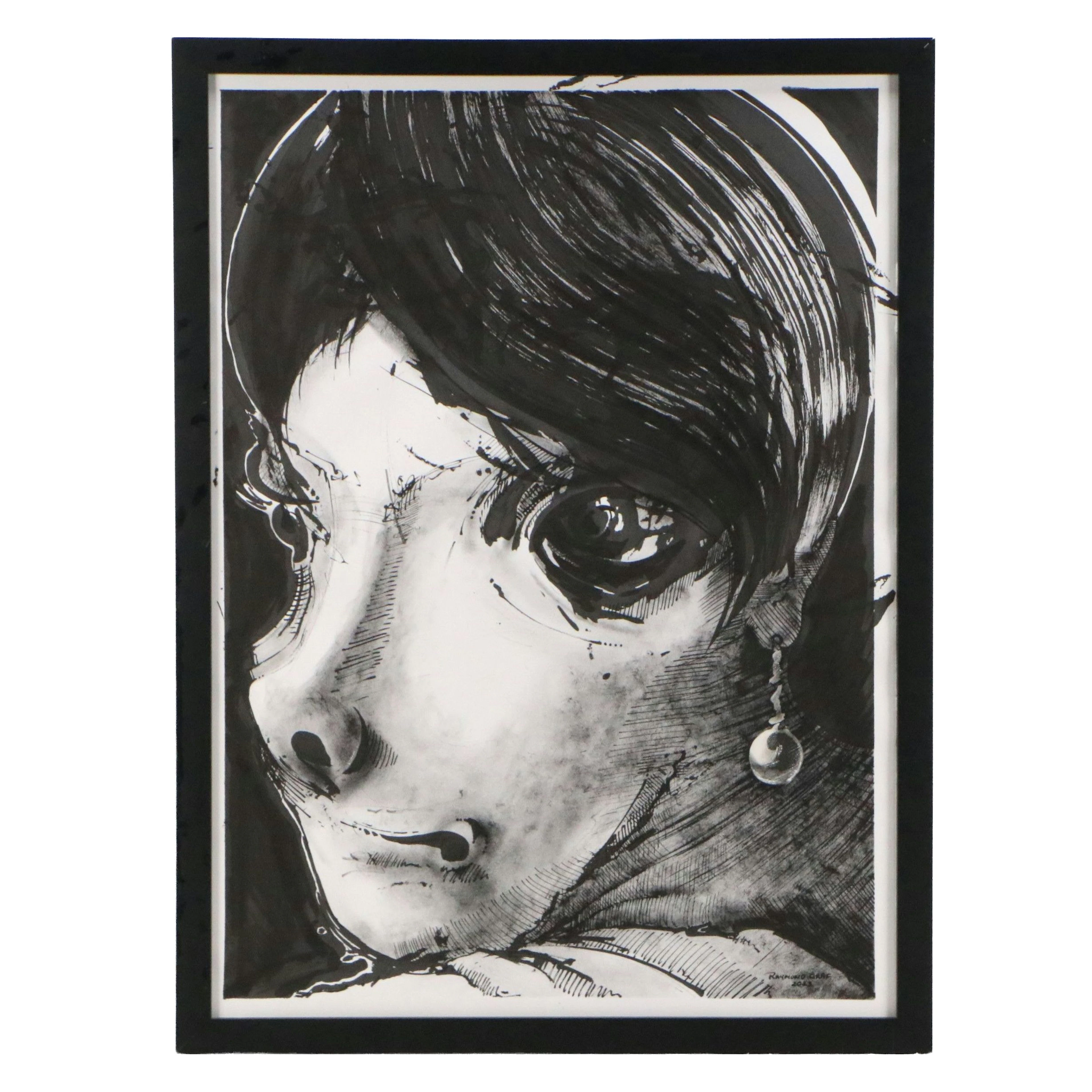 Raymond Graf Ink Wash Drawing "Girl with the Pearl," 2023
