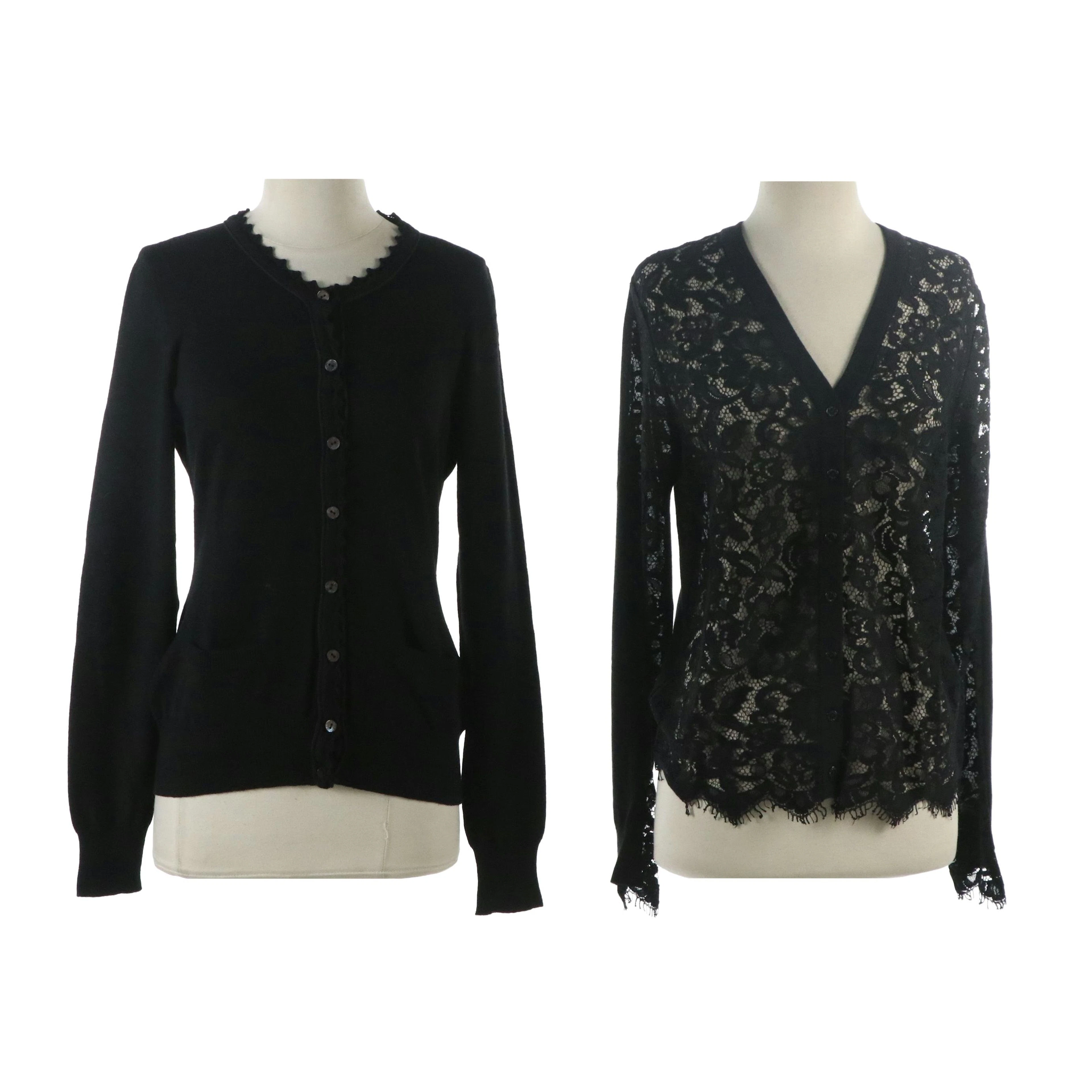 Dolce & Gabbana Sheer Lace Front V-Neck and Ribbed Virgin Wool Cardigans