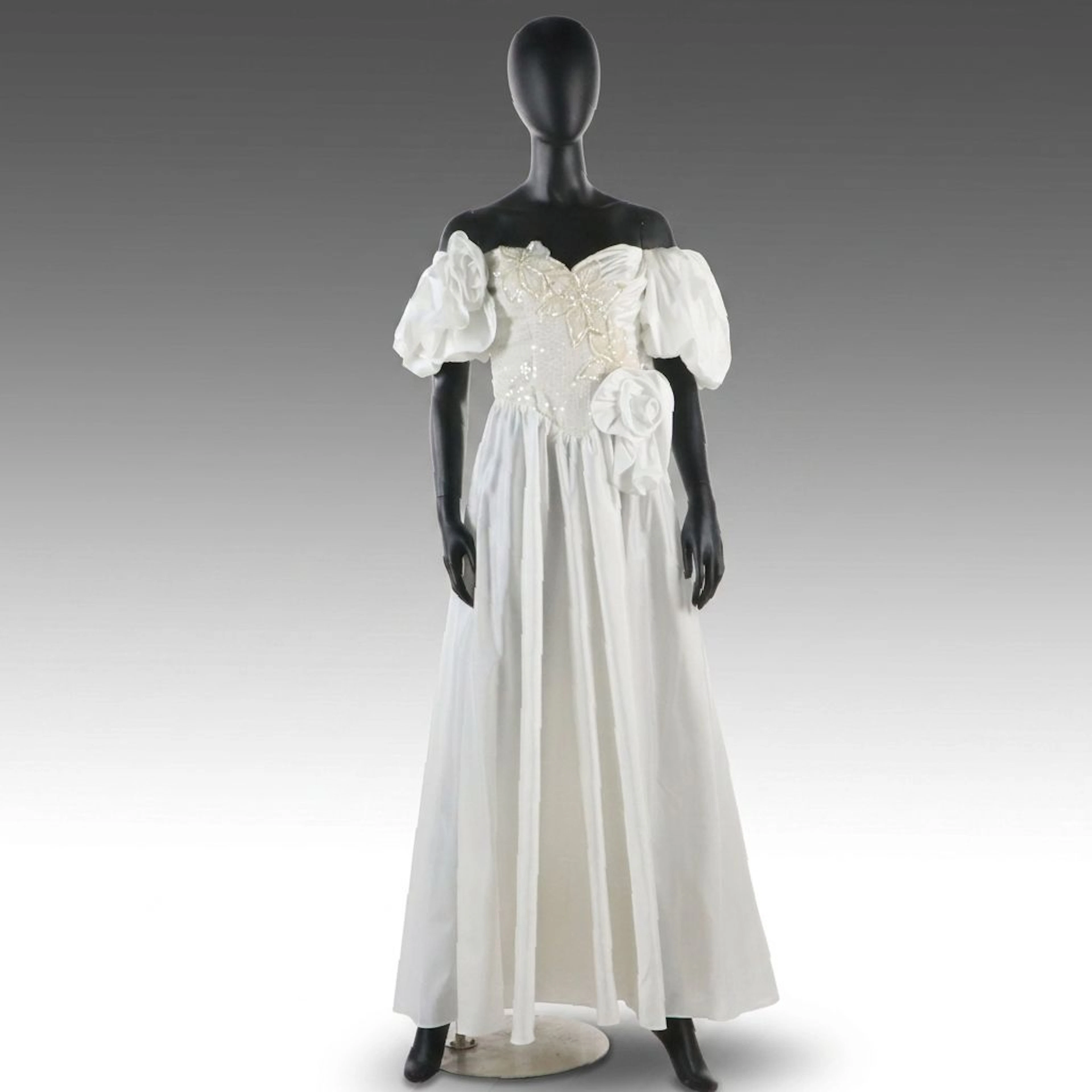 Off-The-Shoulder Puff Sleeve Wedding Dress with Ruched Bodice, Vintage