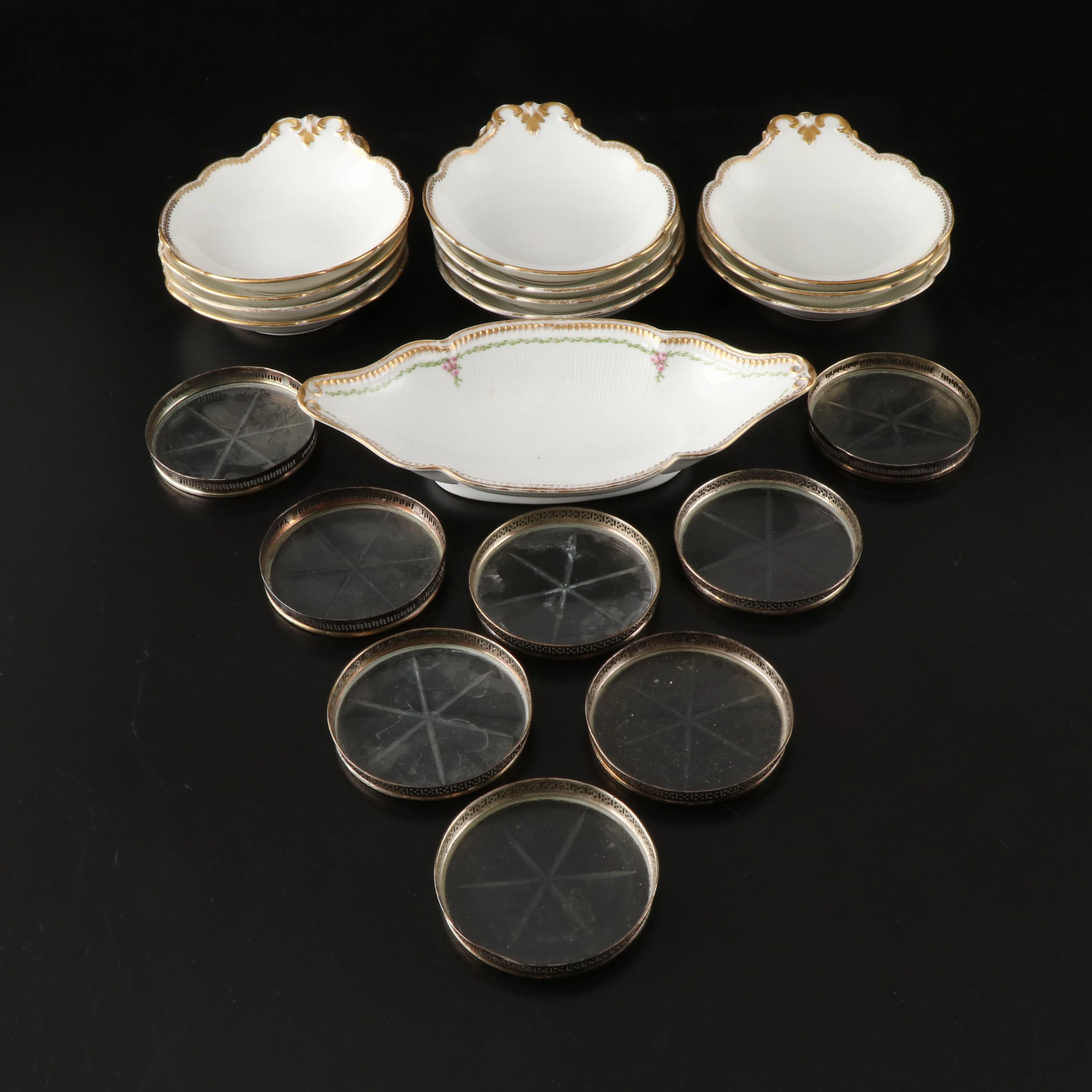 Webster Sterling Rimmed Glass Coasters with Limoges Porcelain Sauce Bowls