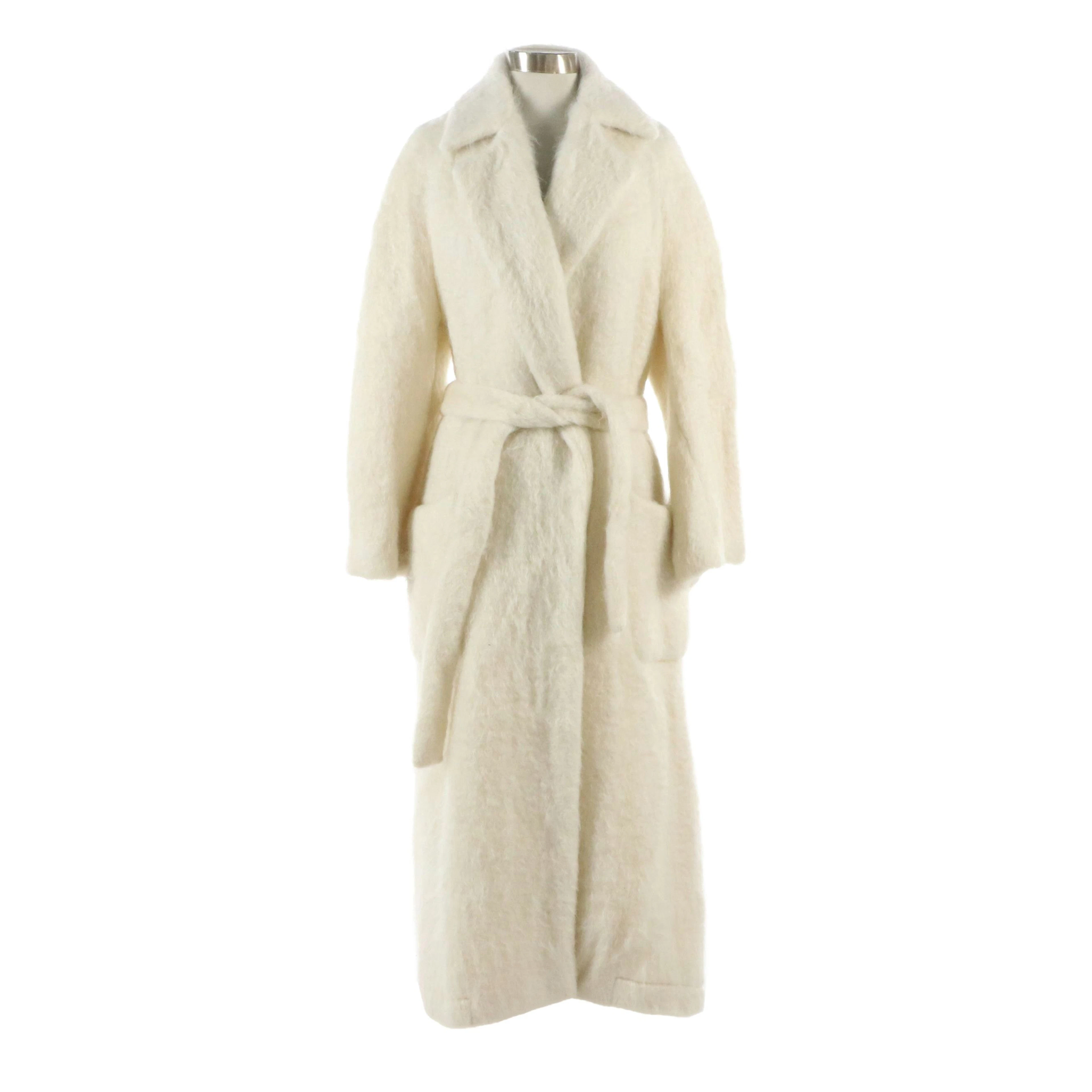Céline Ivory Mohair and Wool Blend Long Belted Coat