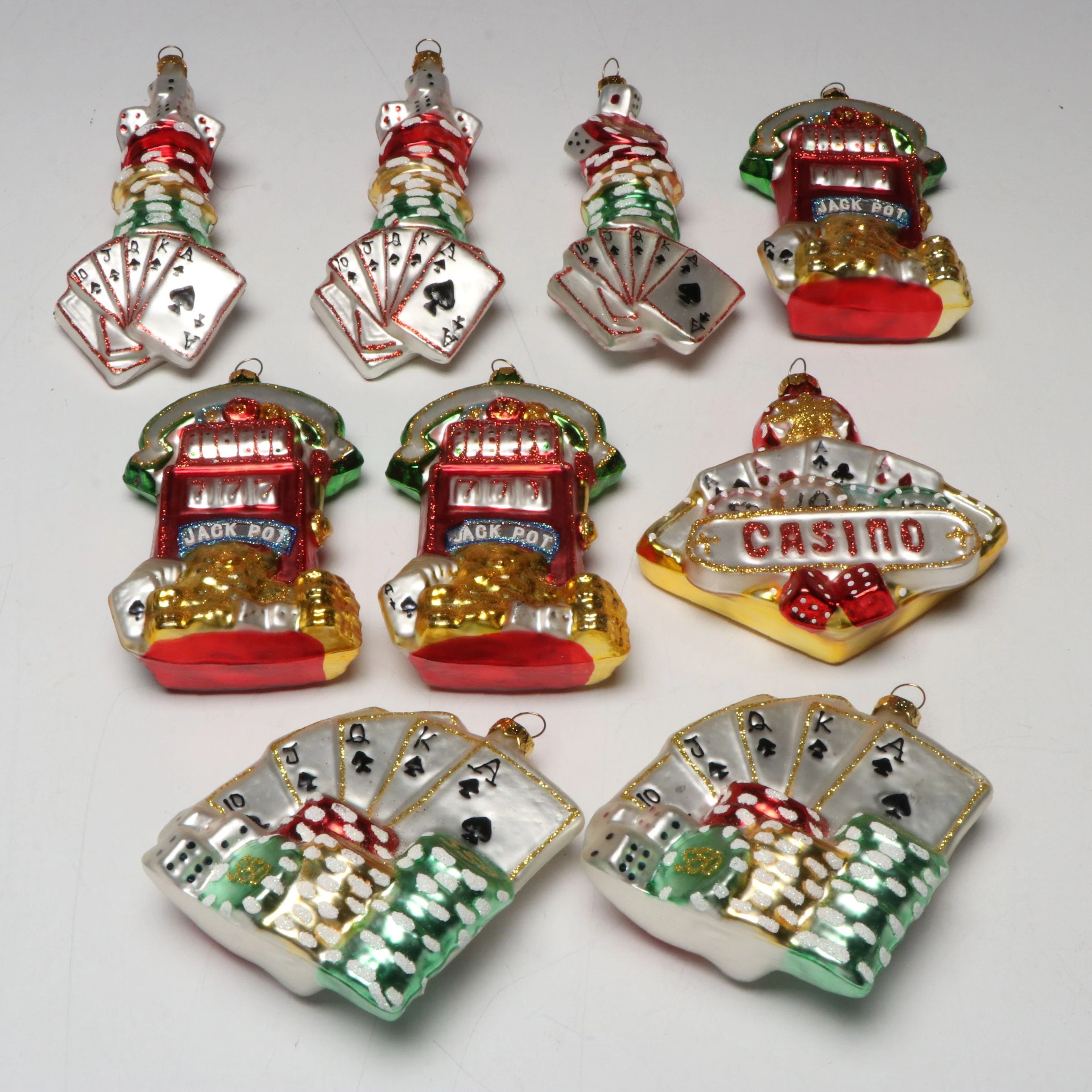Blown Glass Casino- and Gambling-Themed Christmas Ornaments