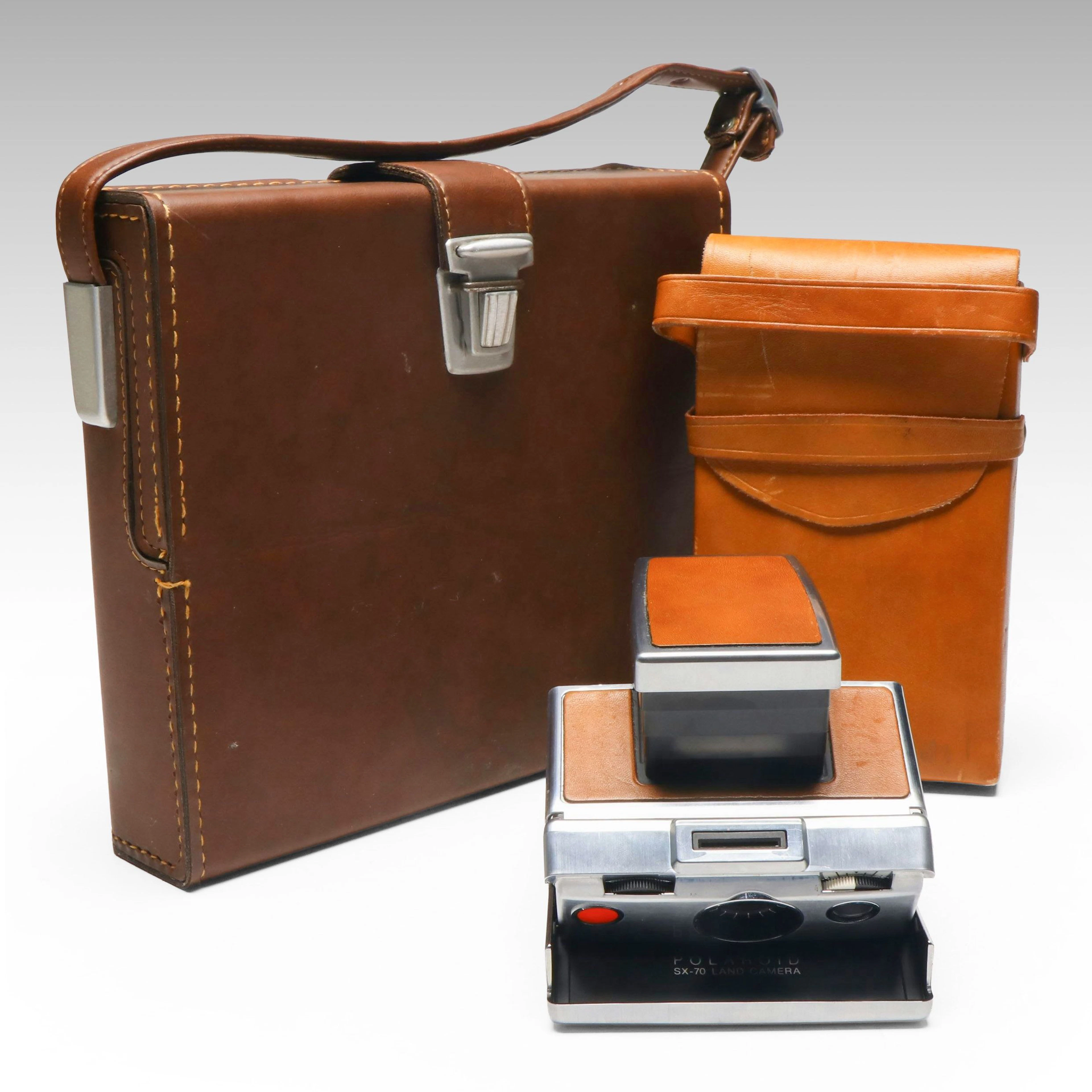 Polaroid SX-70 Instant Camera with Leather Case and Flash Bars, Late 20th C.