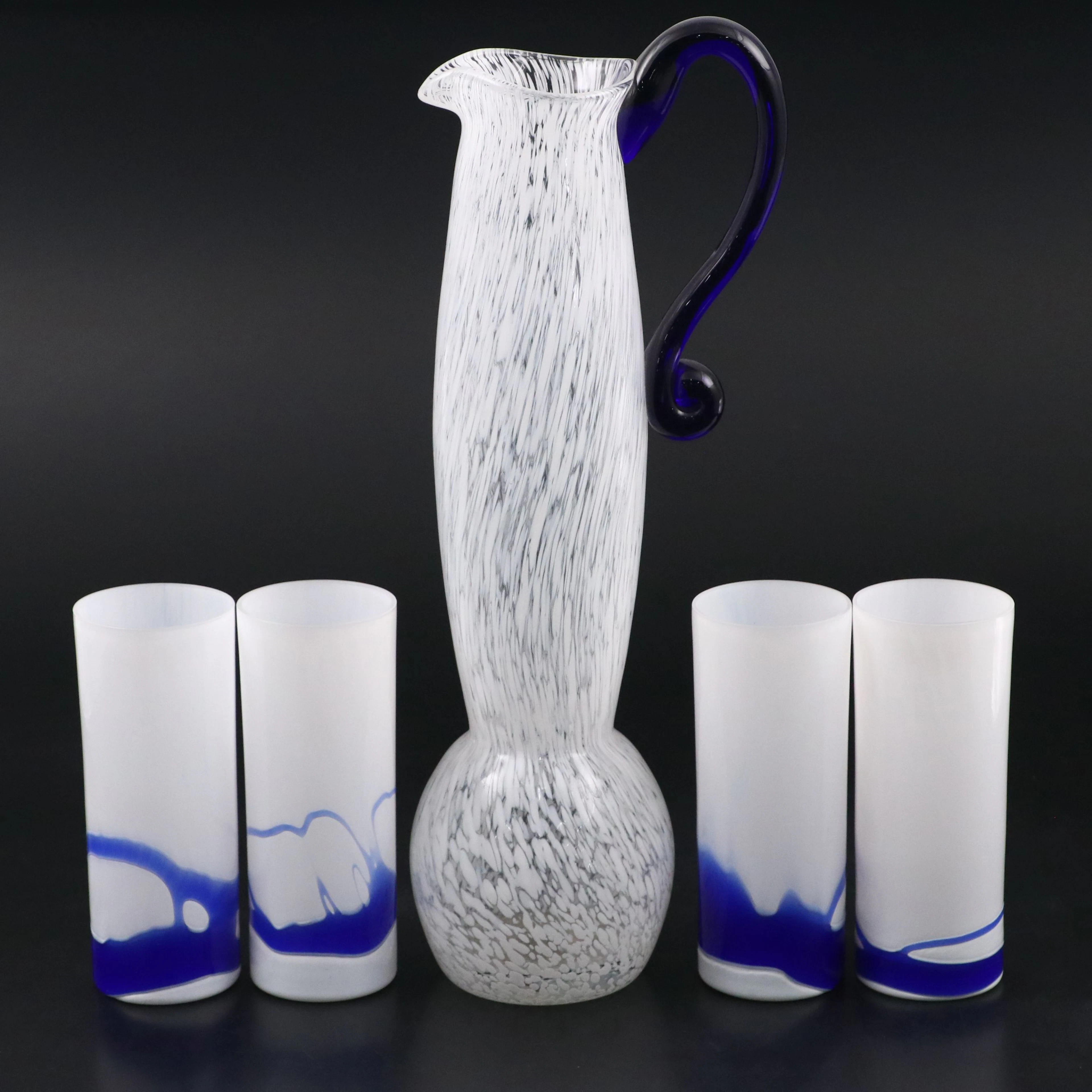 Murano Style Speckled Art Glass Pitcher and Flat Tumblers