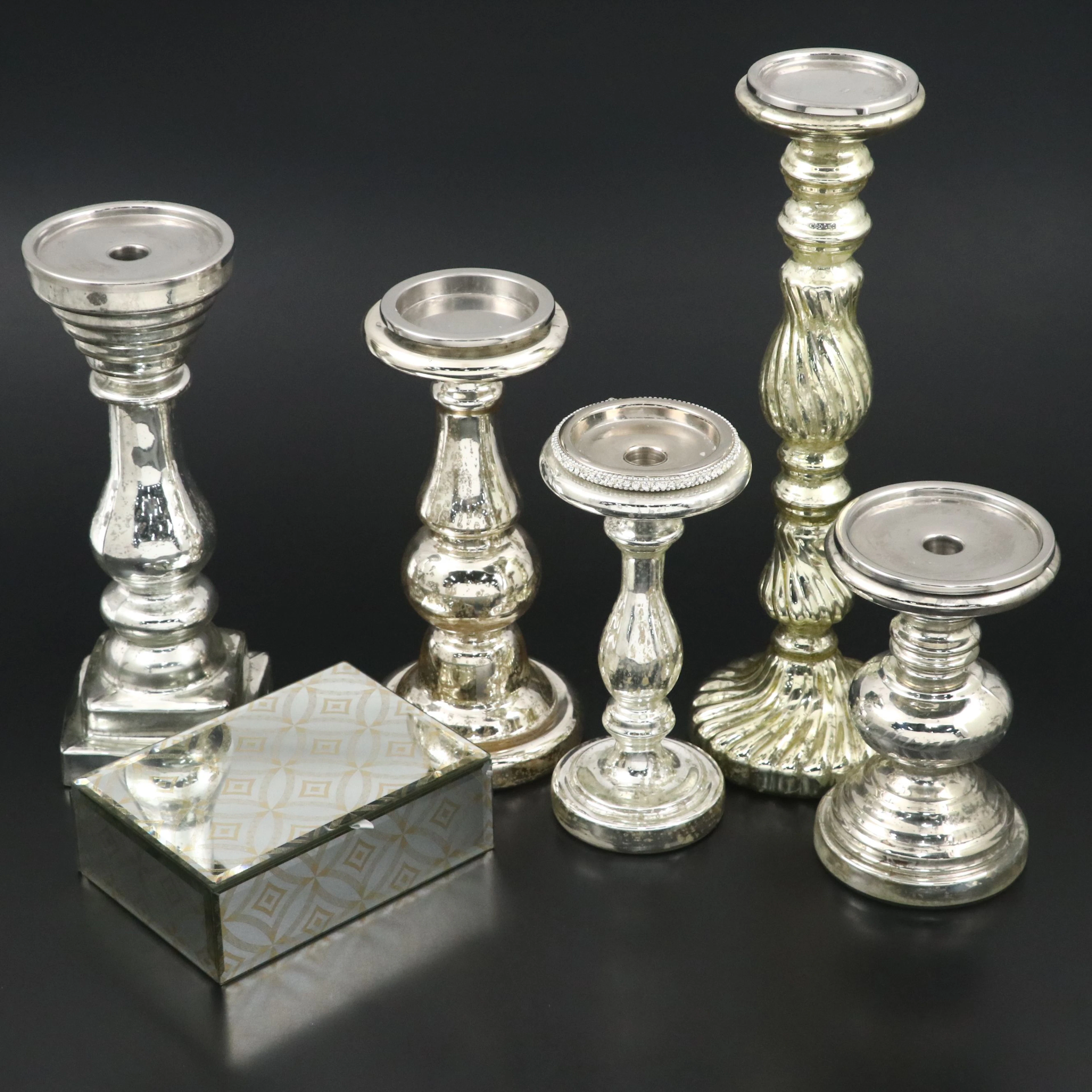 Art Deco Style Mirrored Box with Mercury Glass Candle Holders