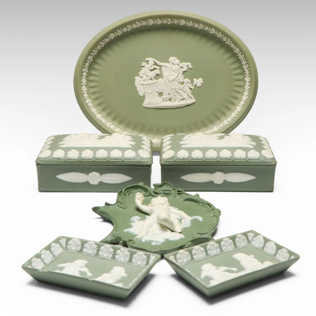 Wedgwood Green Jasperware Boxes and Dishes with Other Figural Wall Décor