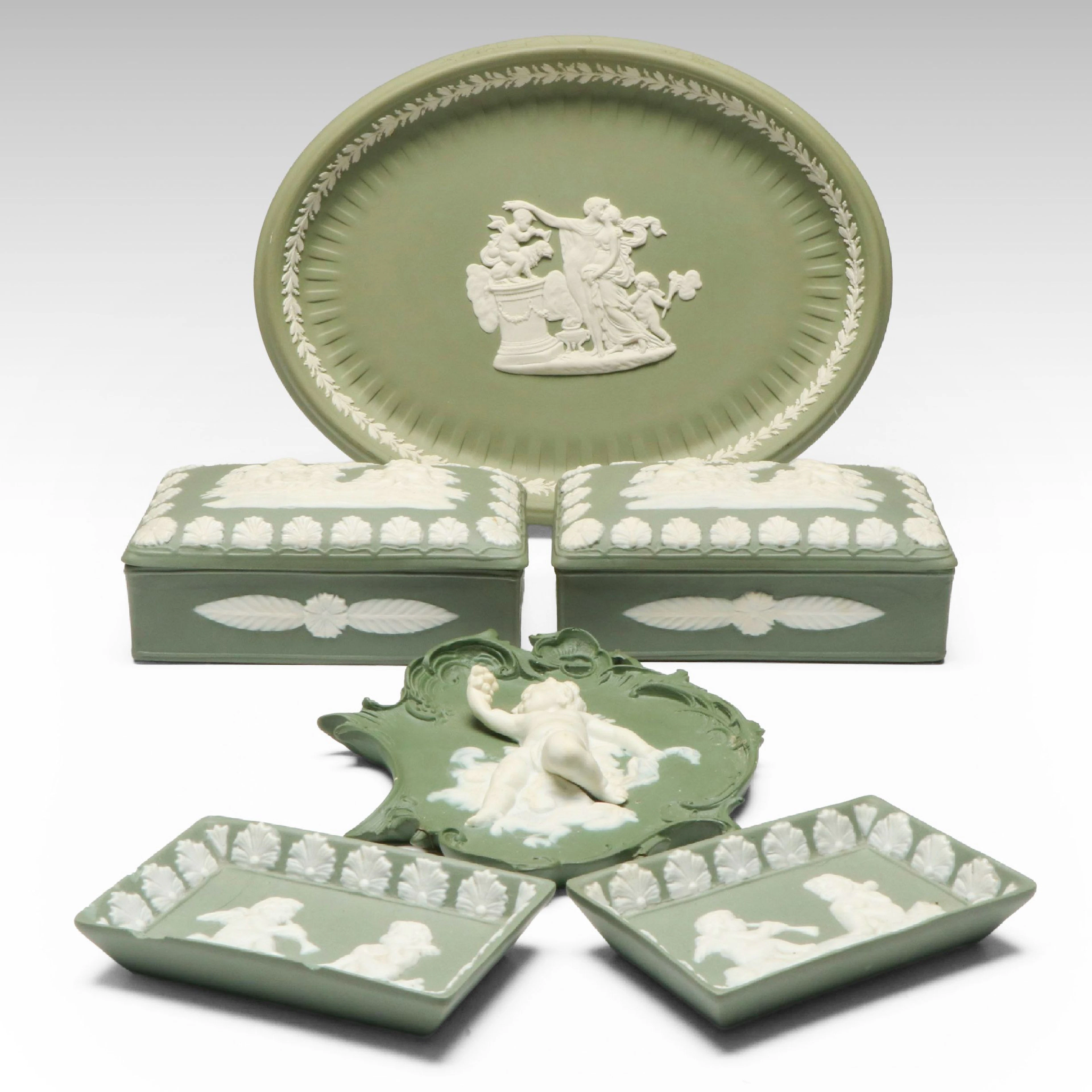 Wedgwood Green Jasperware Boxes and Dishes with Other Figural Wall Décor