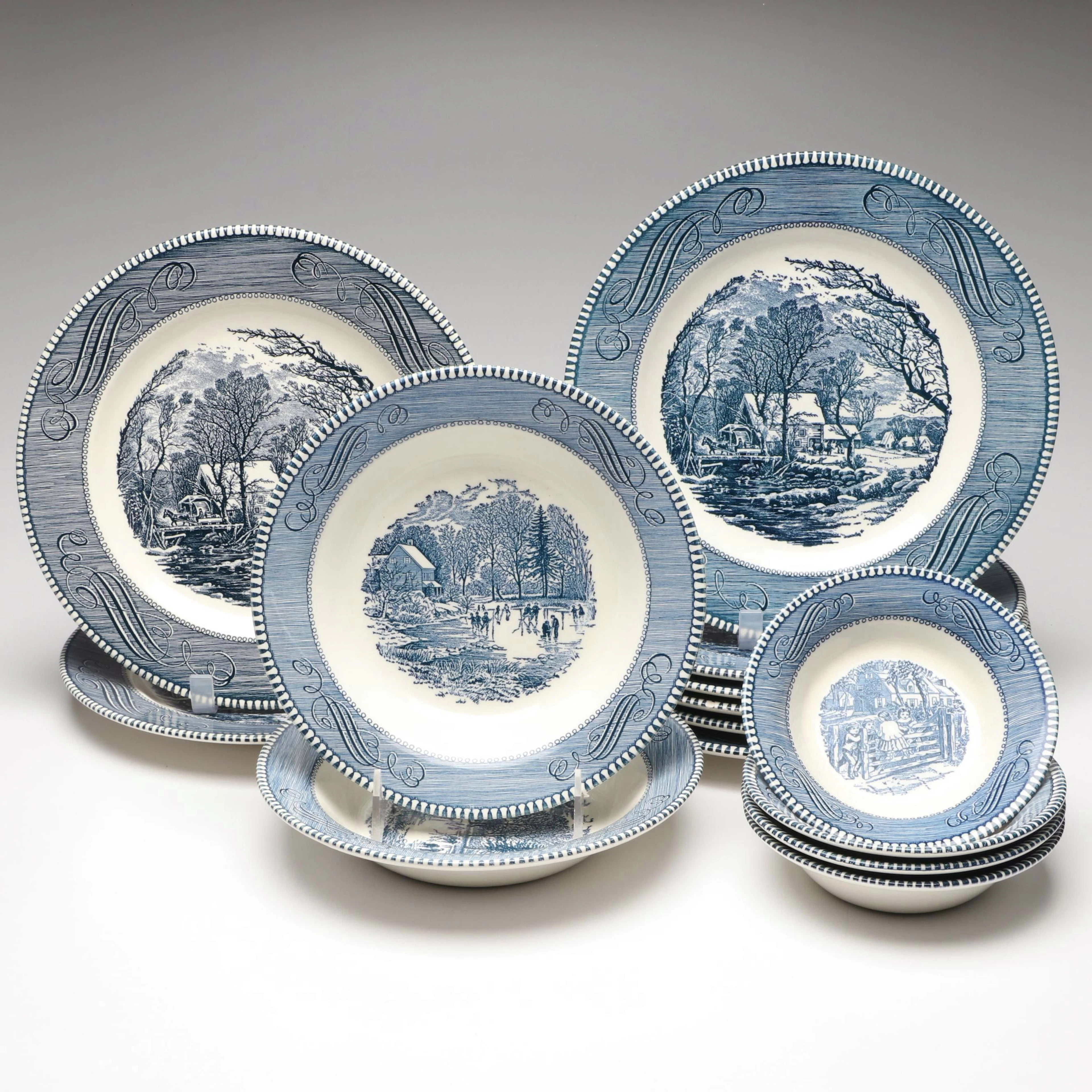 Royal "Currier & Ives" Blue Scenic Plates and Bowls