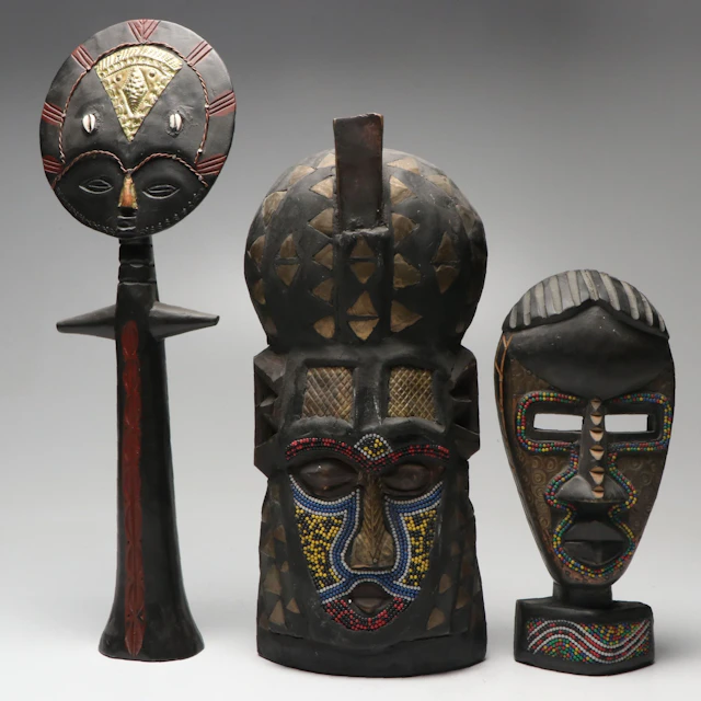 Ghanaian Beaded Wood Masks with Akua'aba Figure