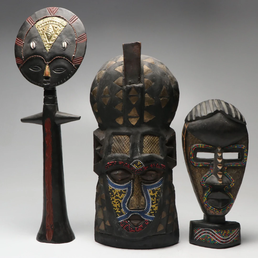 Ghanaian Beaded Wood Masks with Akua'aba Figure