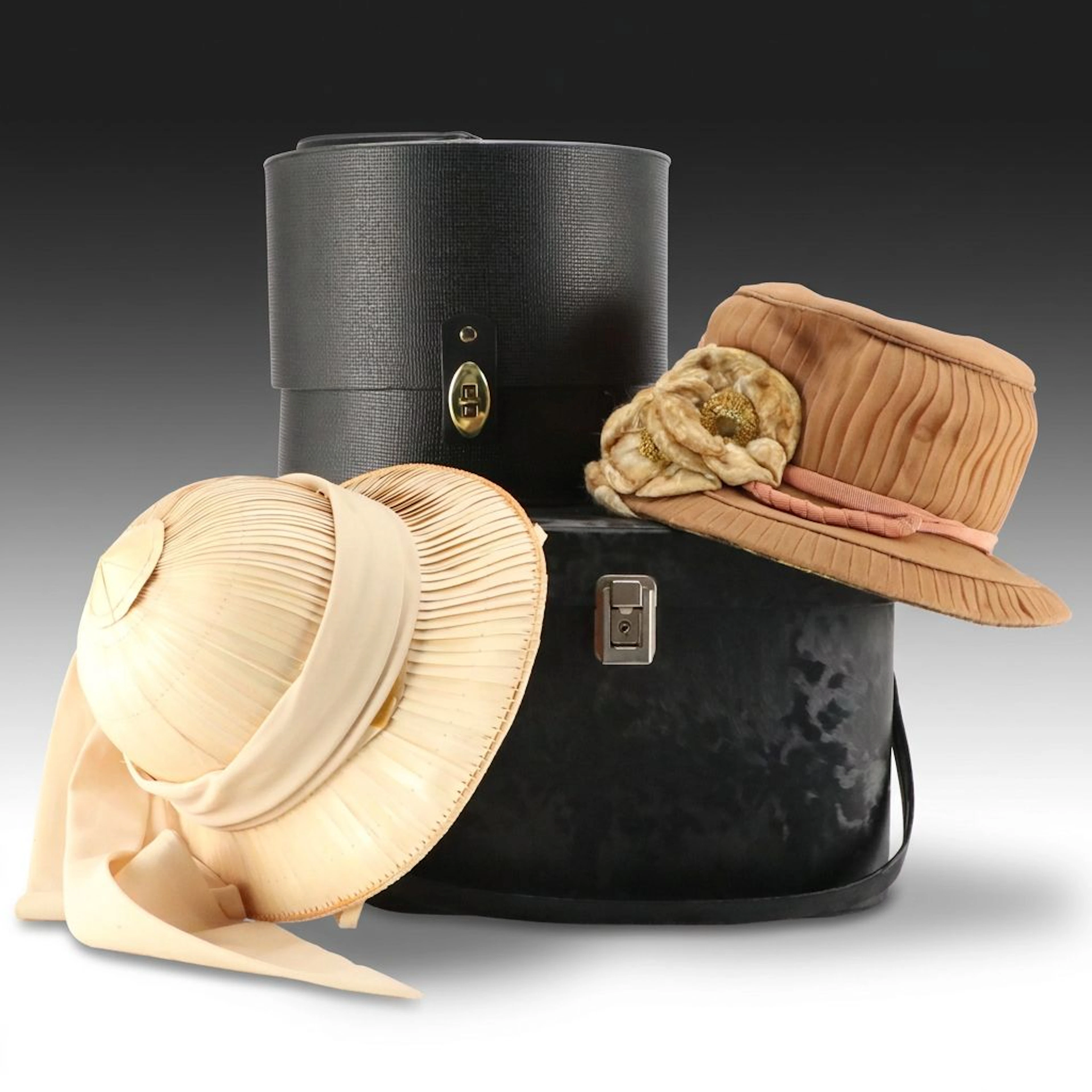 De Leon Pleated Cloche Hat, Straw Safari Hat and Head Forms w/ Travel Boxes