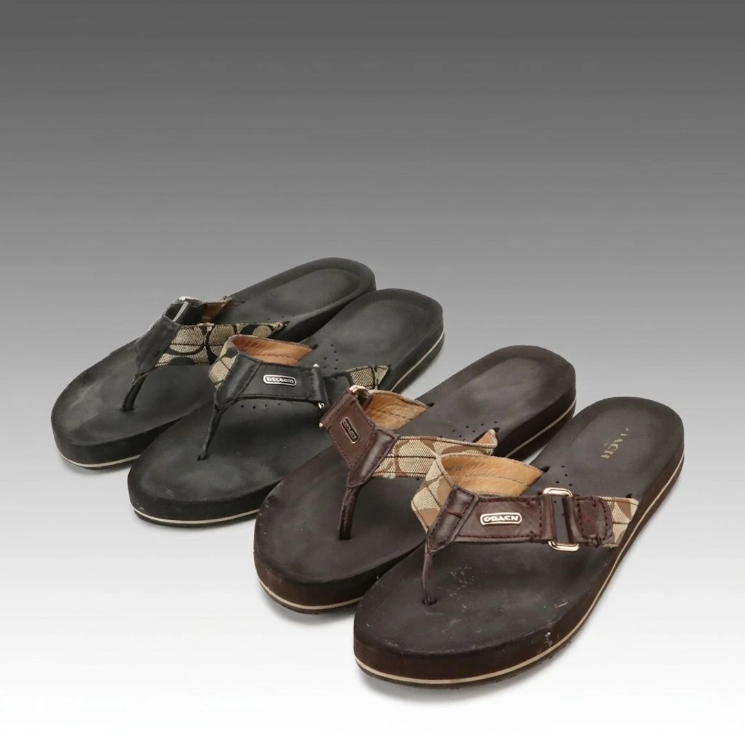 Coach Jada Signature C Canvas & Leather Thong Sandals with Boxes