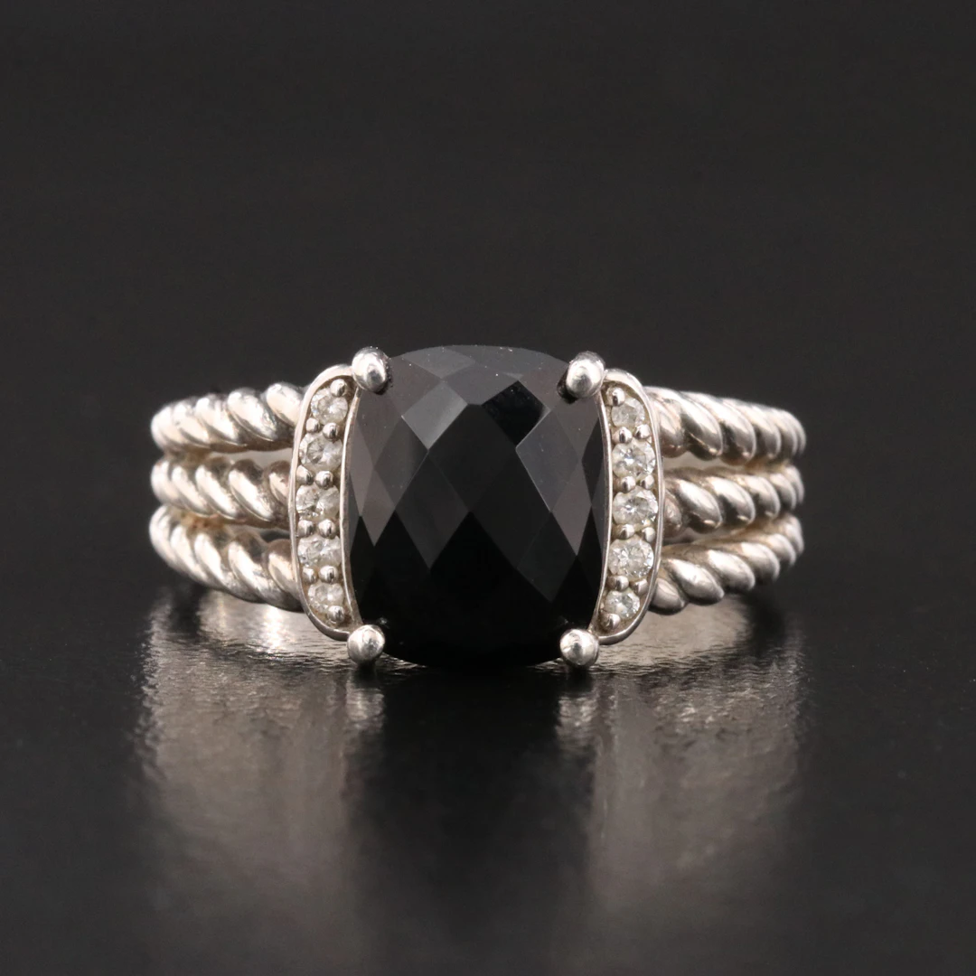 David Yurman Petite Wheaton Sterling Black Onyx and Diamond Ring