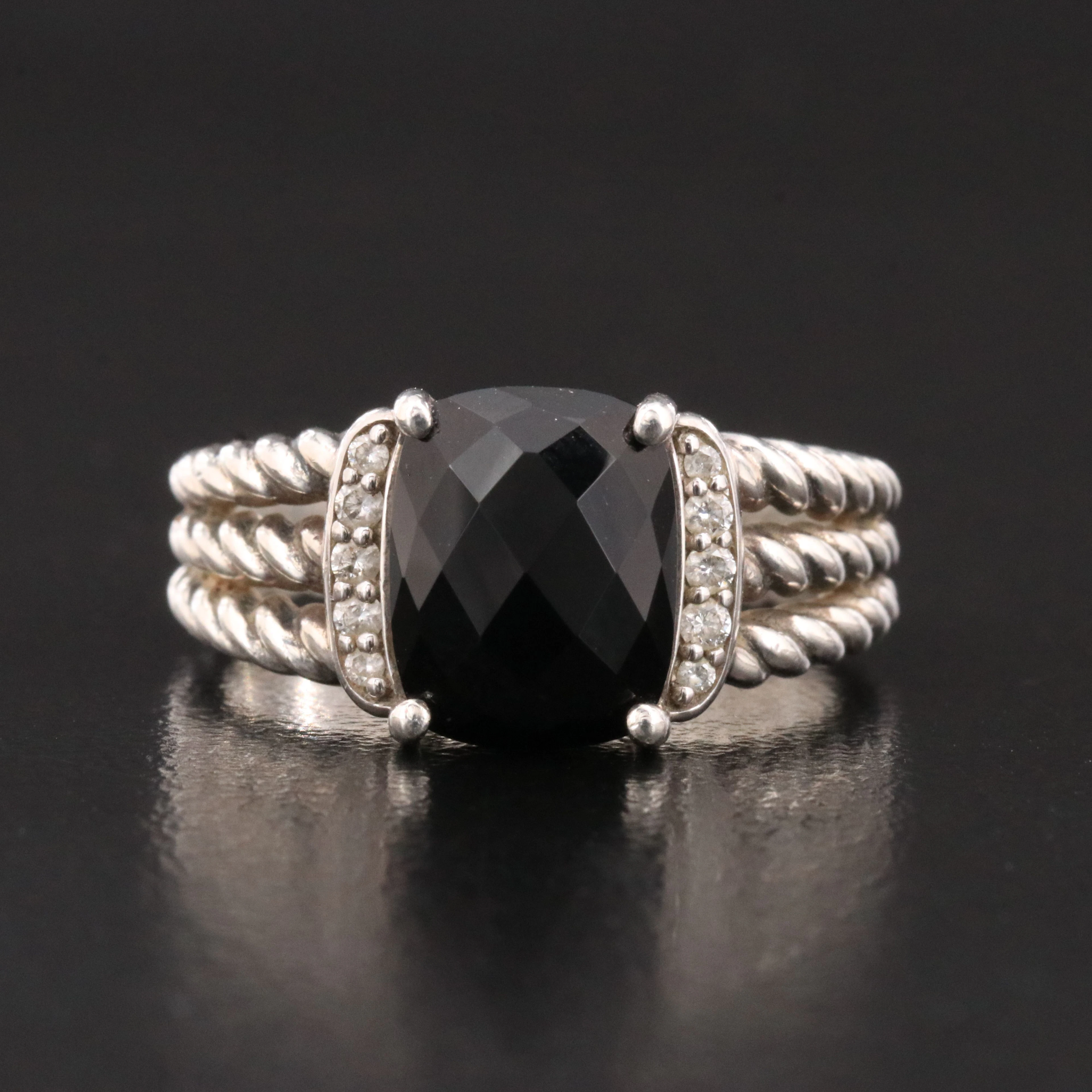 David Yurman Petite Wheaton Sterling Black Onyx and Diamond Ring