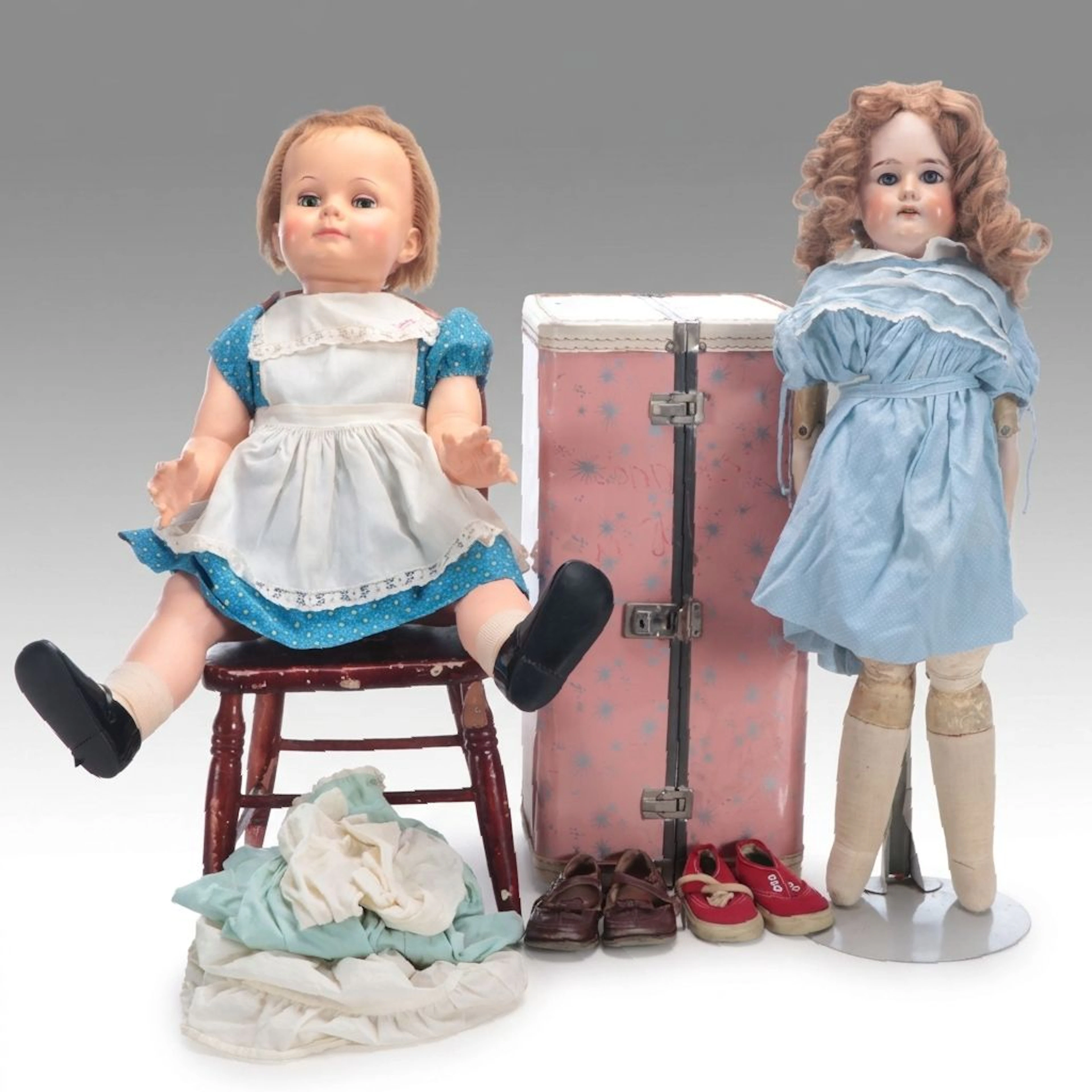 Ideal "Saucy Walker" Vintage Doll with Other Bisque Doll and Accessories