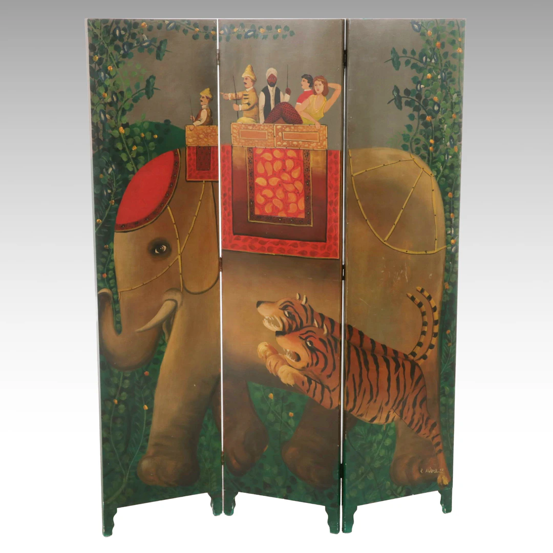Hand-Painted Elephant and Tiger Three-Panel Room Divider Folding Screen, 2000