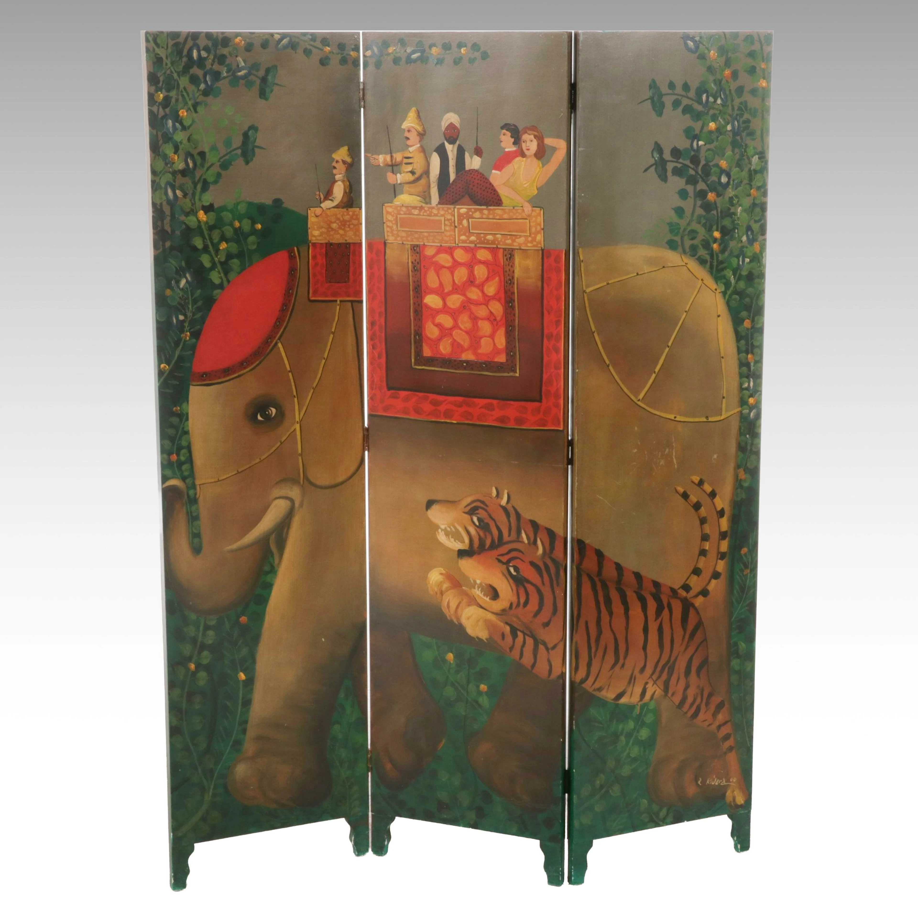Hand-Painted Elephant and Tiger Three-Panel Room Divider Folding Screen, 2000