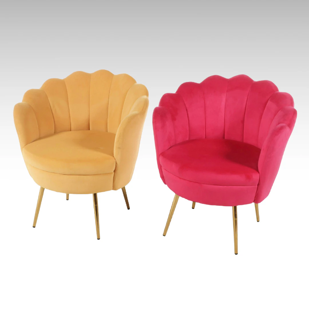 Pair of Hulala Home Fuchsia and Yellow Scalloped Velvet Lounge Chairs