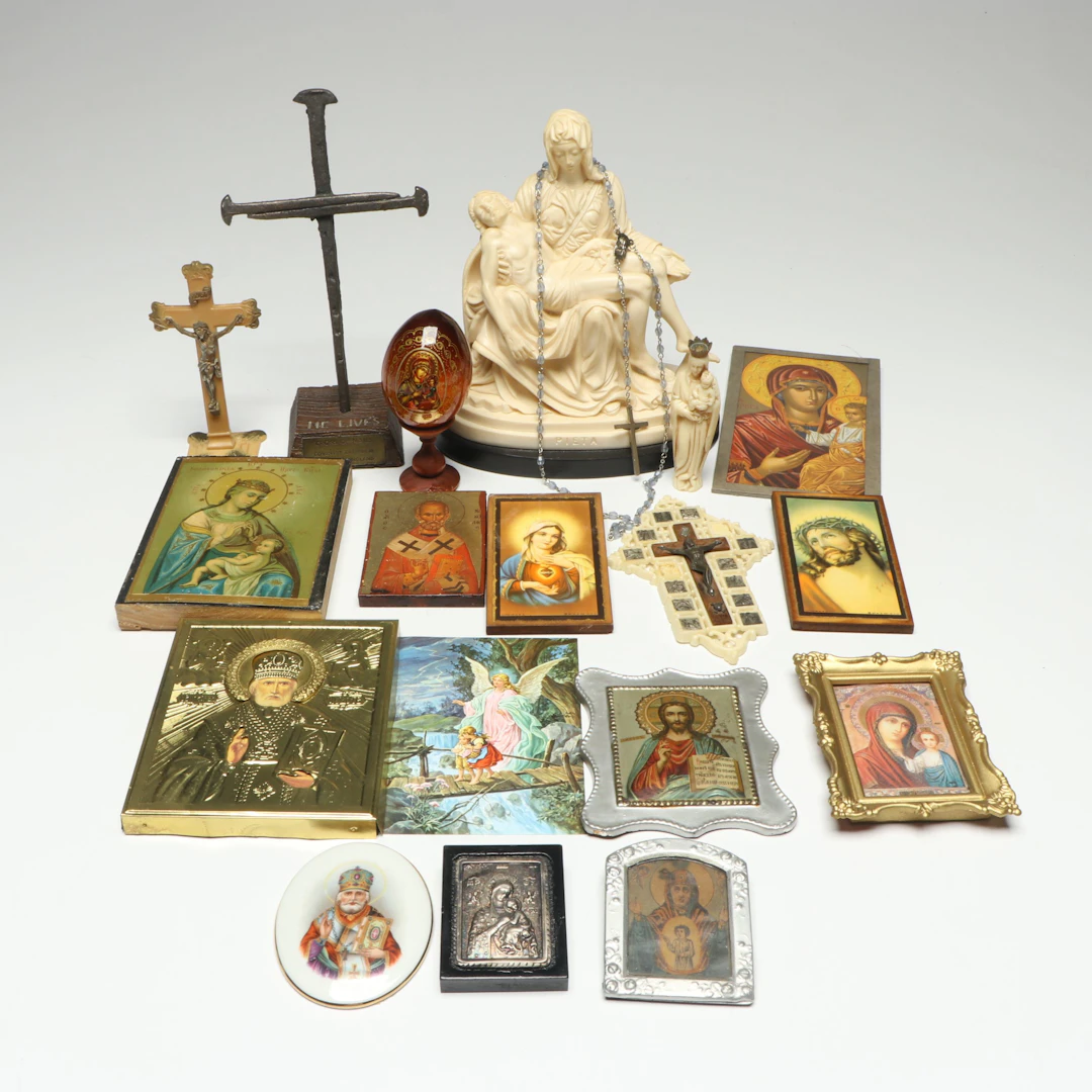 A. Santini Sculpture After "Pietà" with Rosary and More Religious Collectibles