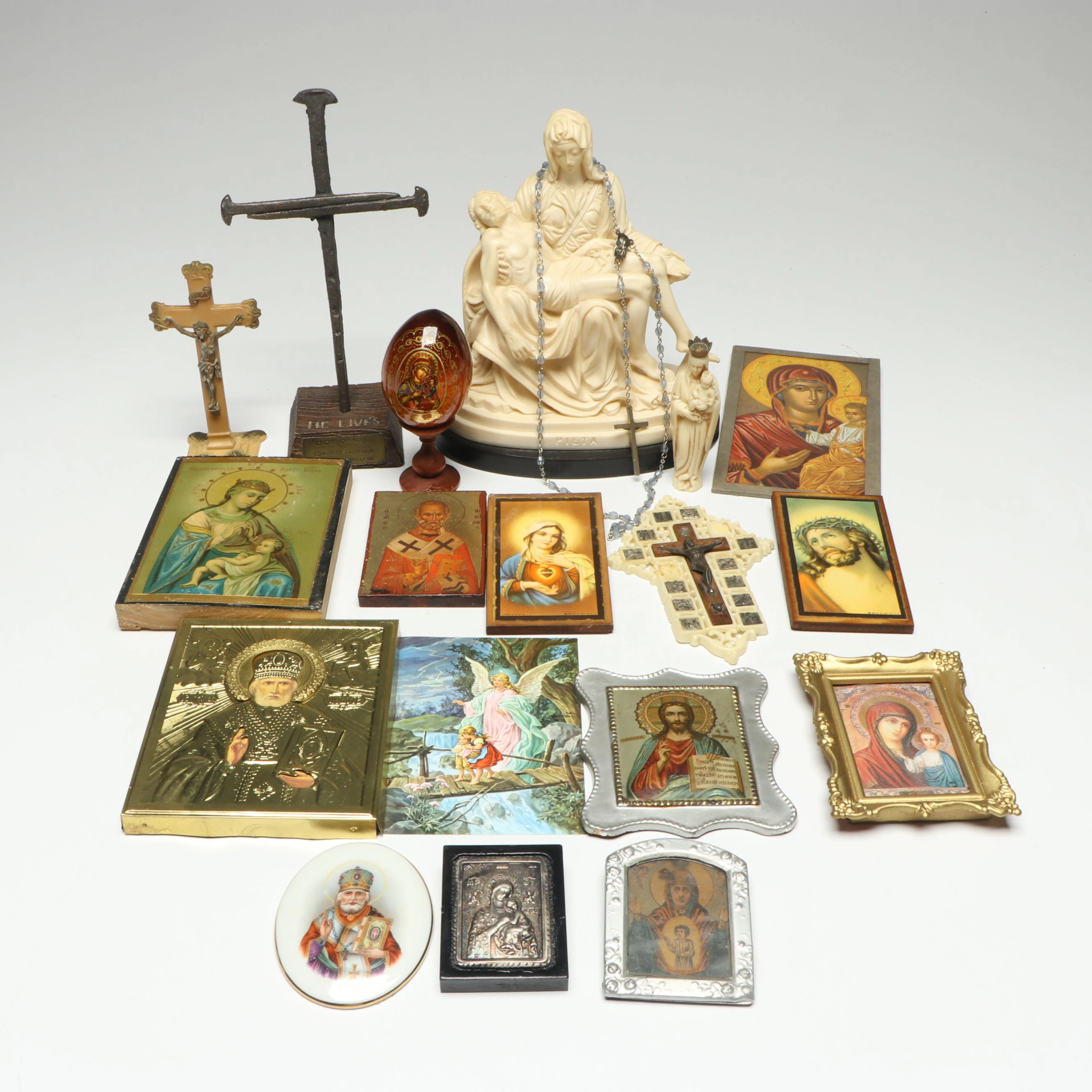 A. Santini Sculpture After "Pietà" with Rosary and More Religious Collectibles