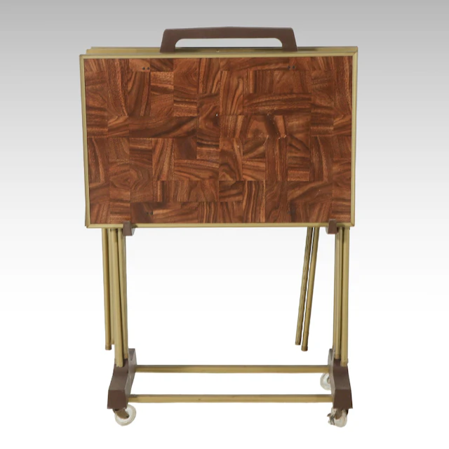 Mid Century Modern Style Parquetry Inlaid and Metal TV Tray Tables on Stand