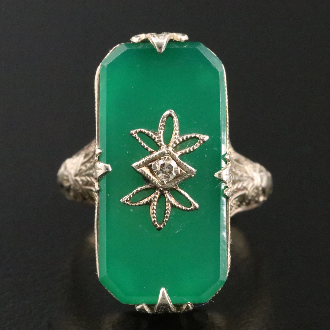 Art Deco 14K Chalcedony and Diamond Elongated Filigree Ring
