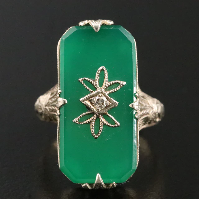 Art Deco 14K Chalcedony and Diamond Elongated Filigree Ring