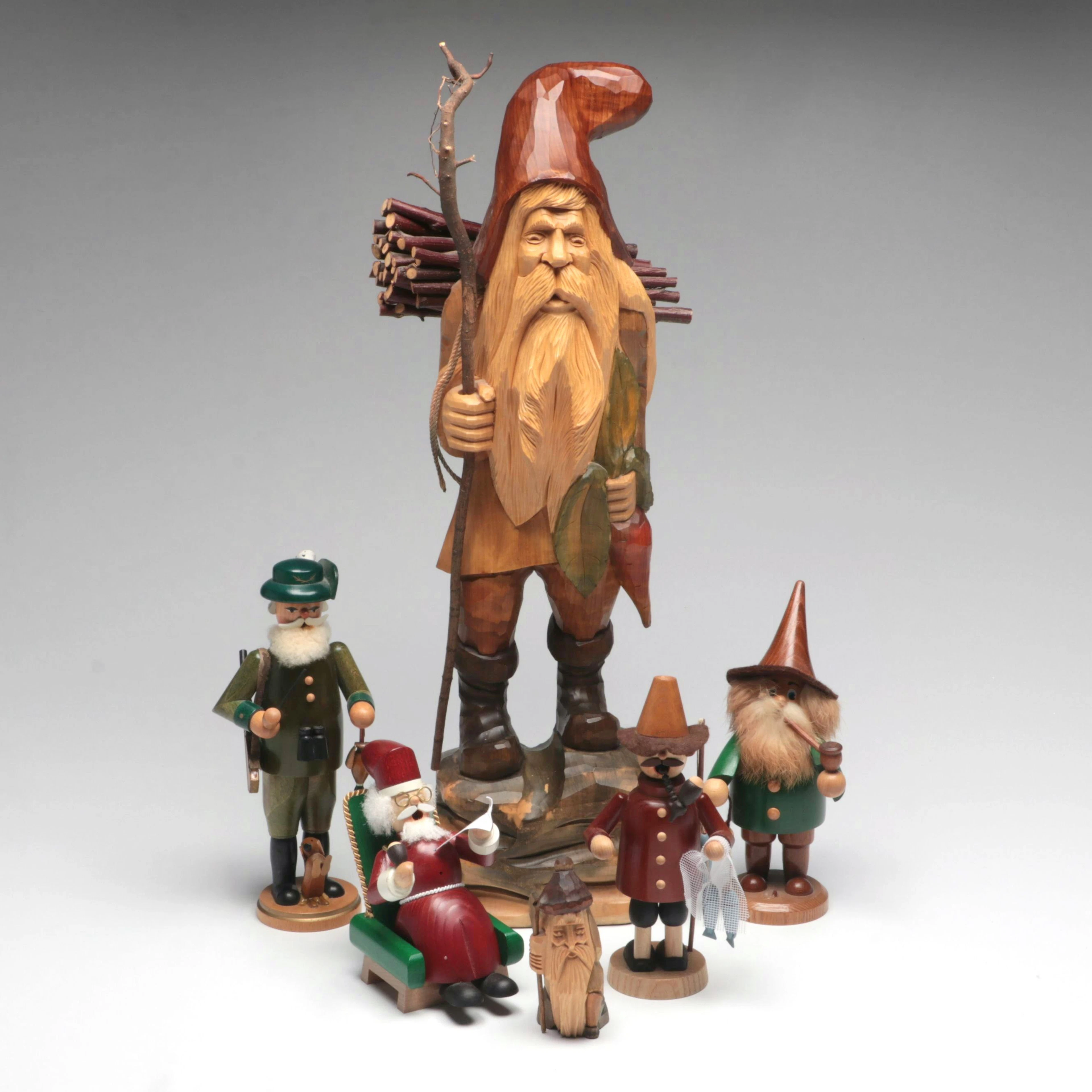 German Wooden Smokers with Other Wooden Santa Figurines