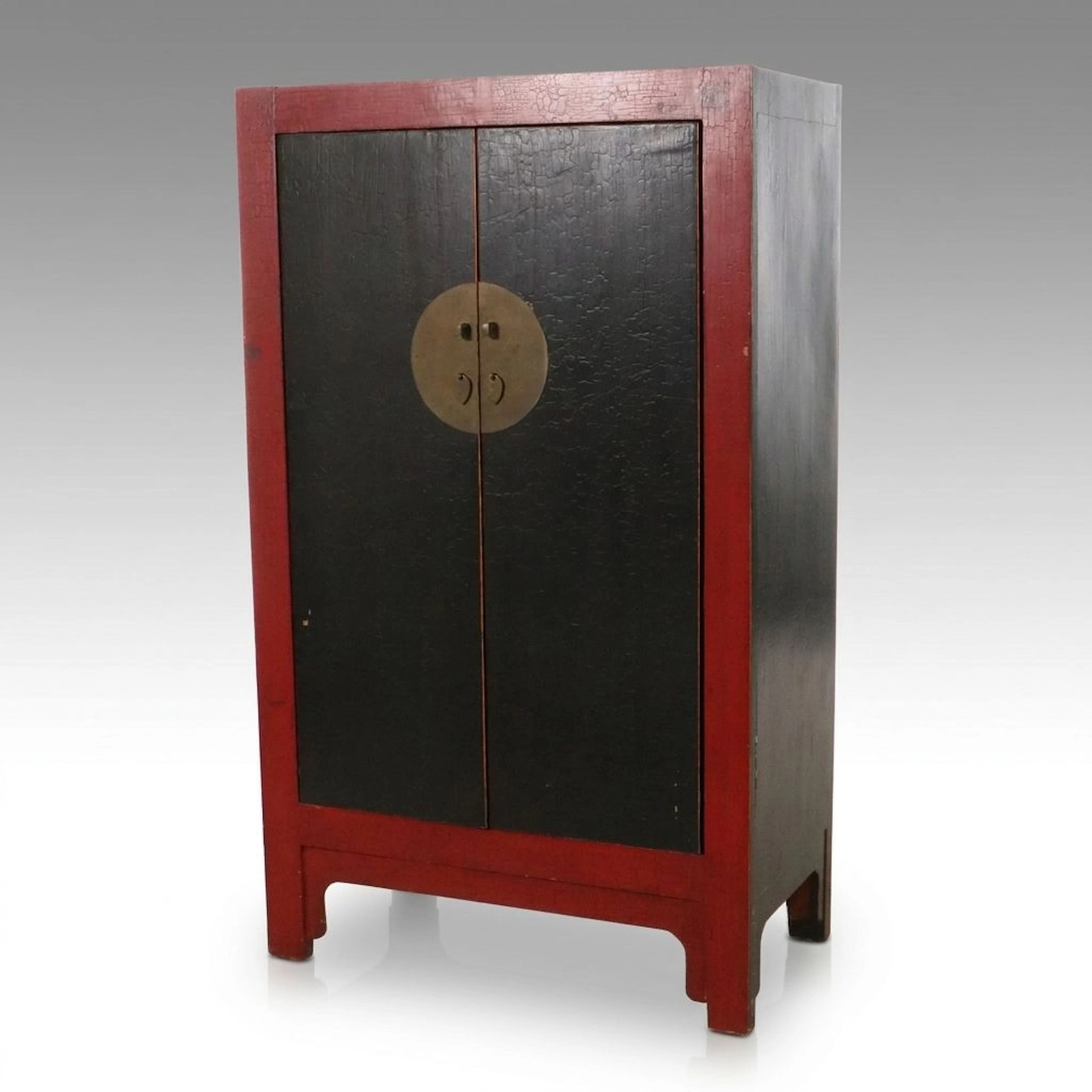 Antique Chinese Red and Black Lacquered Two-Door Wedding Cabinet