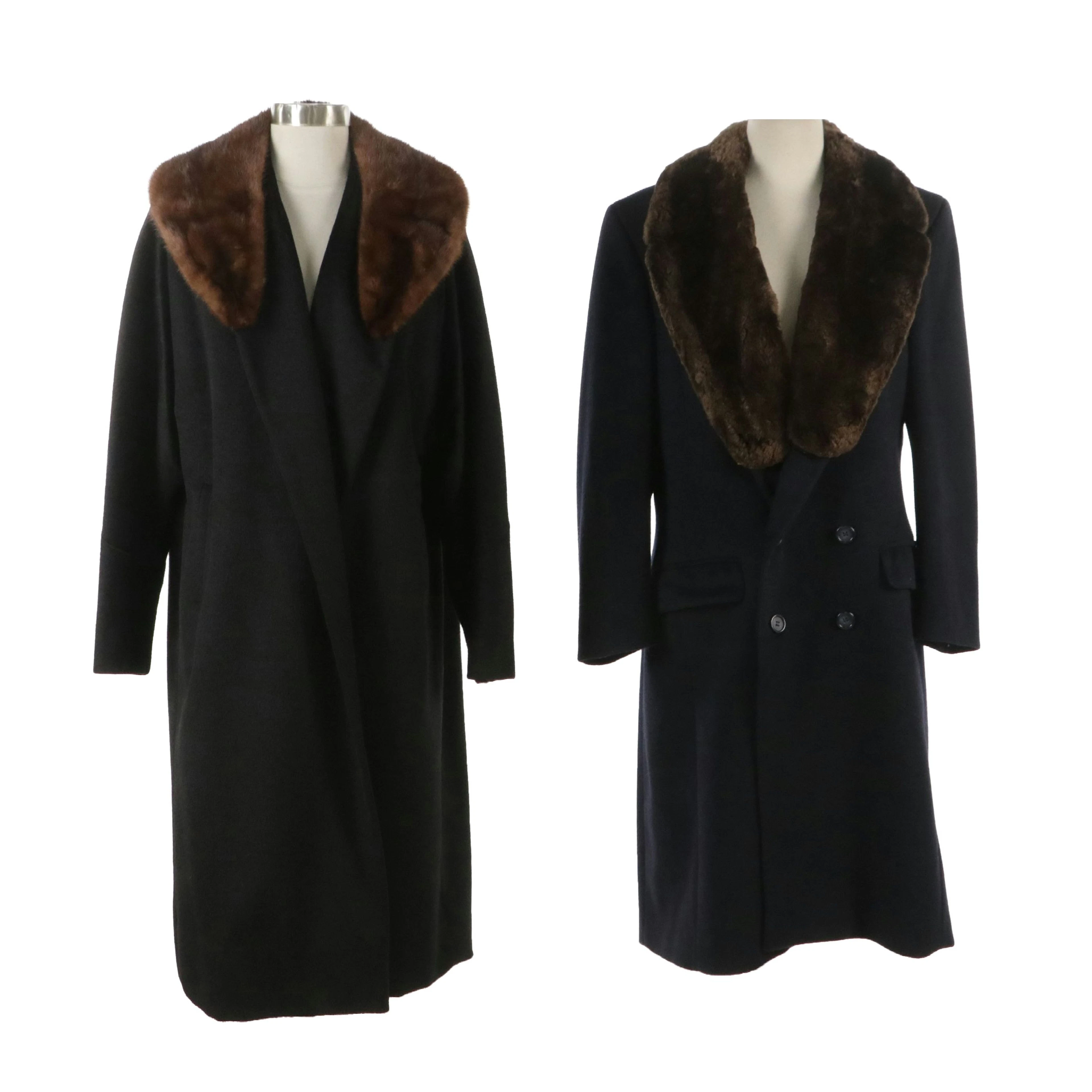 Saks 34th Vintage Black Wool Coat, Pierre Cardin Navy Coat with Mink