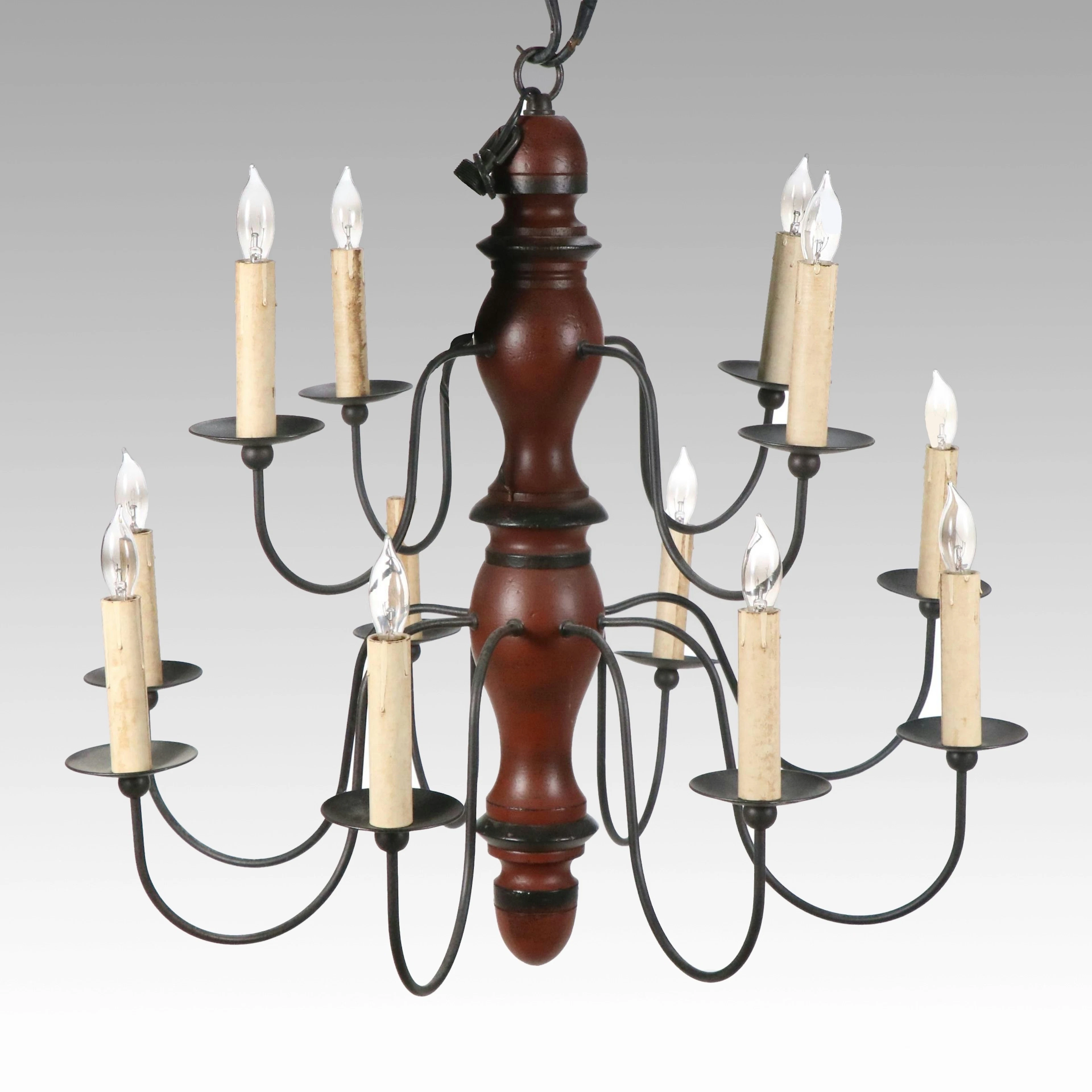David T. Smith Twelve-Arm Polychrome Wood and Metal Chandelier