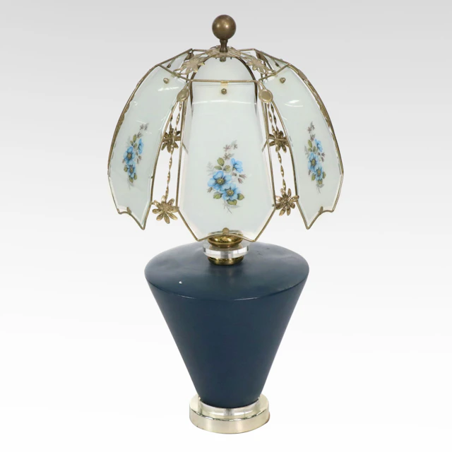 Retro Style Blue Table Lamp with Six-Panel Floral Decorated Glass Shade
