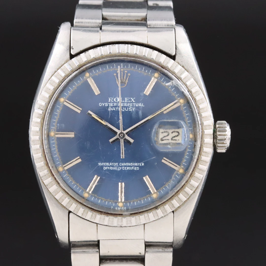 1977 Rolex Blue Dial Engine Turned Bezel Datejust Watch