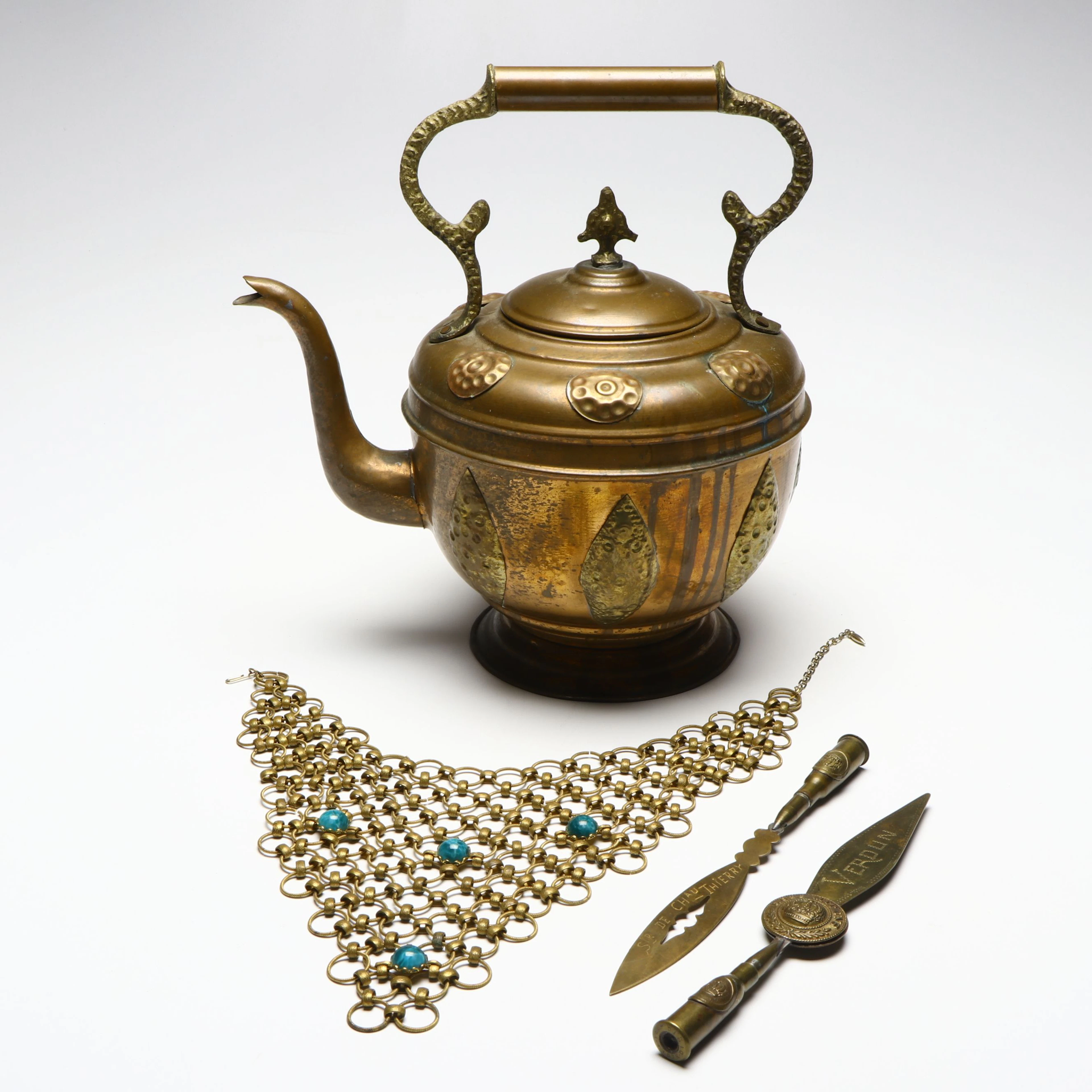 Anglo-Indian Brass Kettle with Other Letter Openers and Necklace