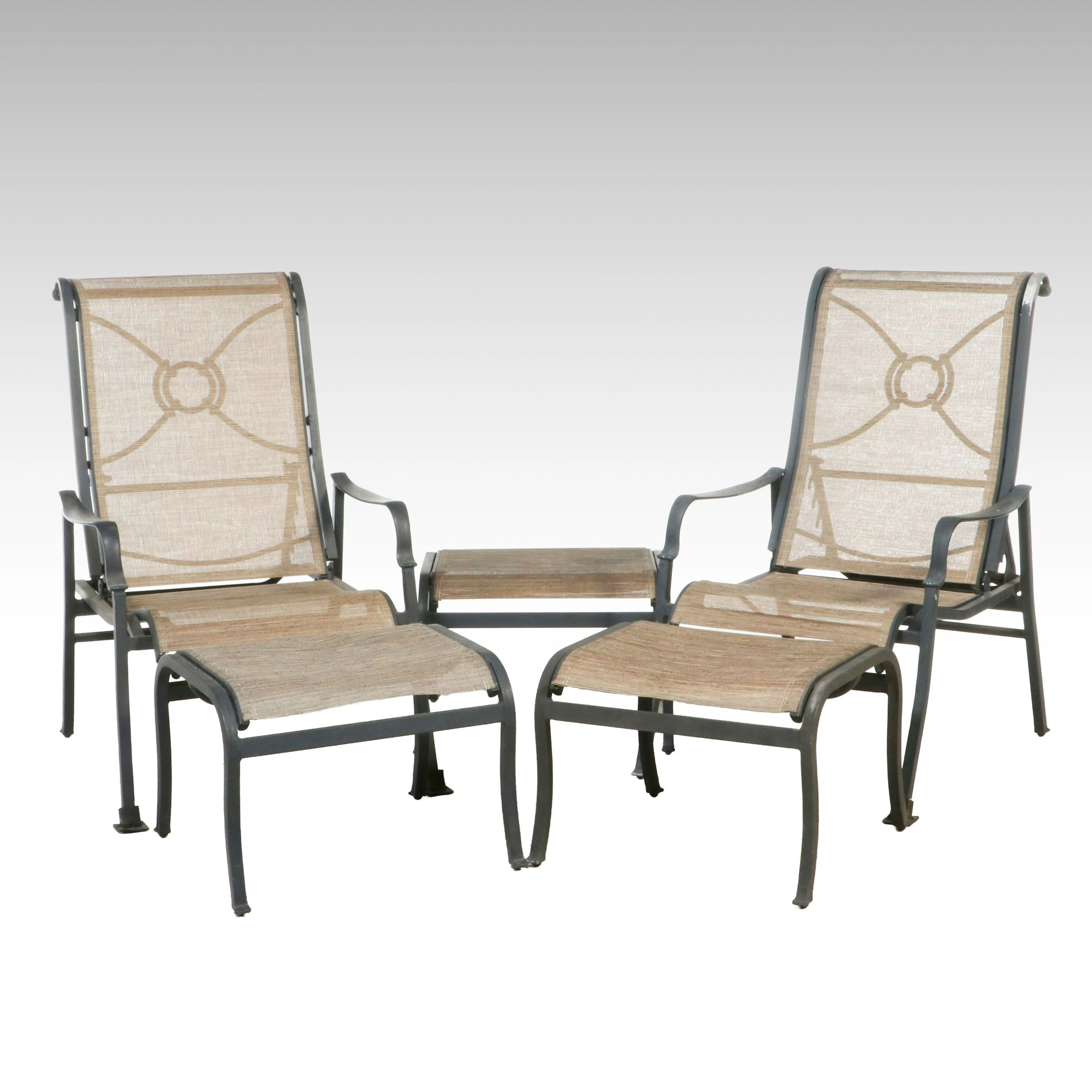 Pair of Cast Metal Patio Lounge Chairs with Ottomans and End Table