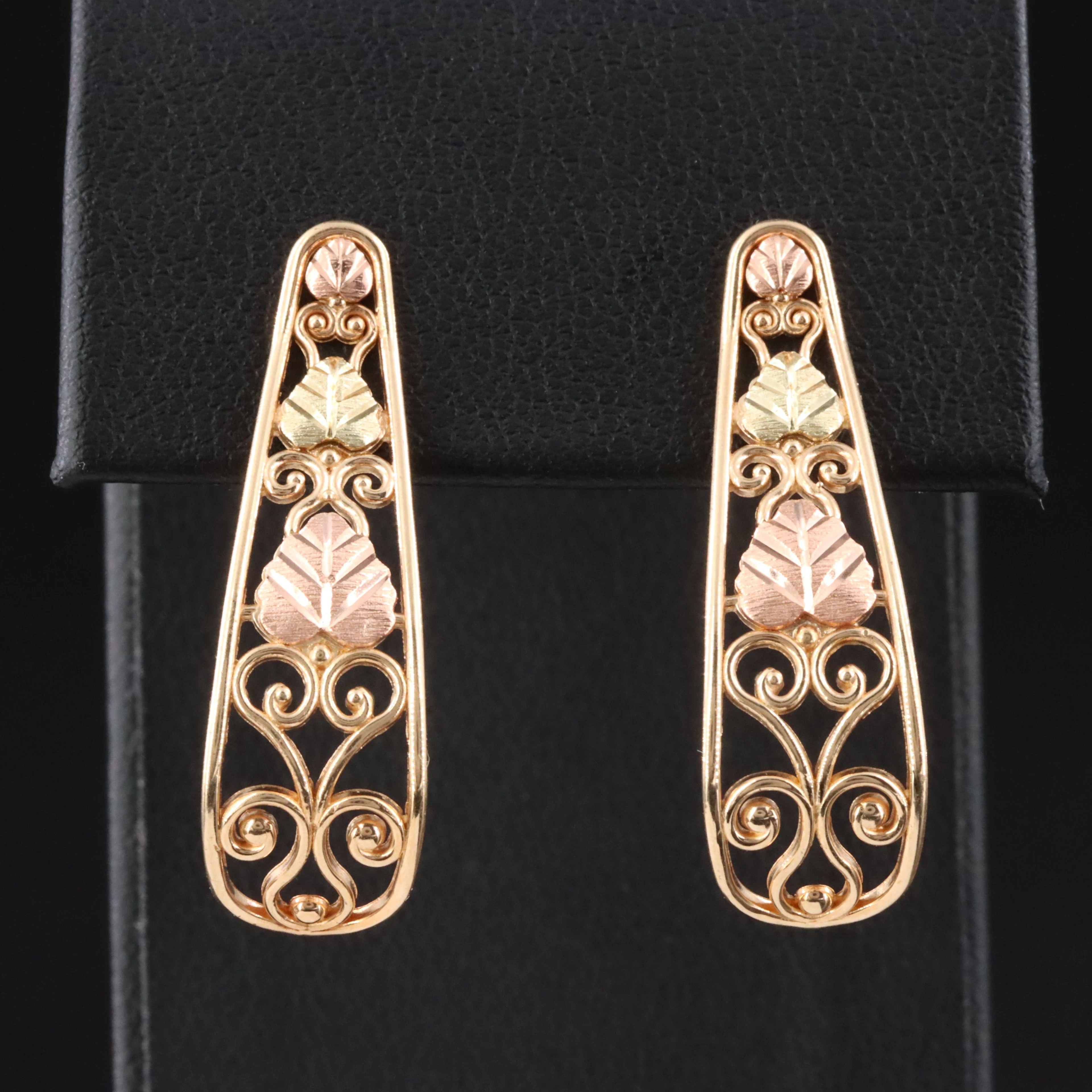 Coleman Co. Black Hills Gold 10K Tri-Color Leaf J Hoops
