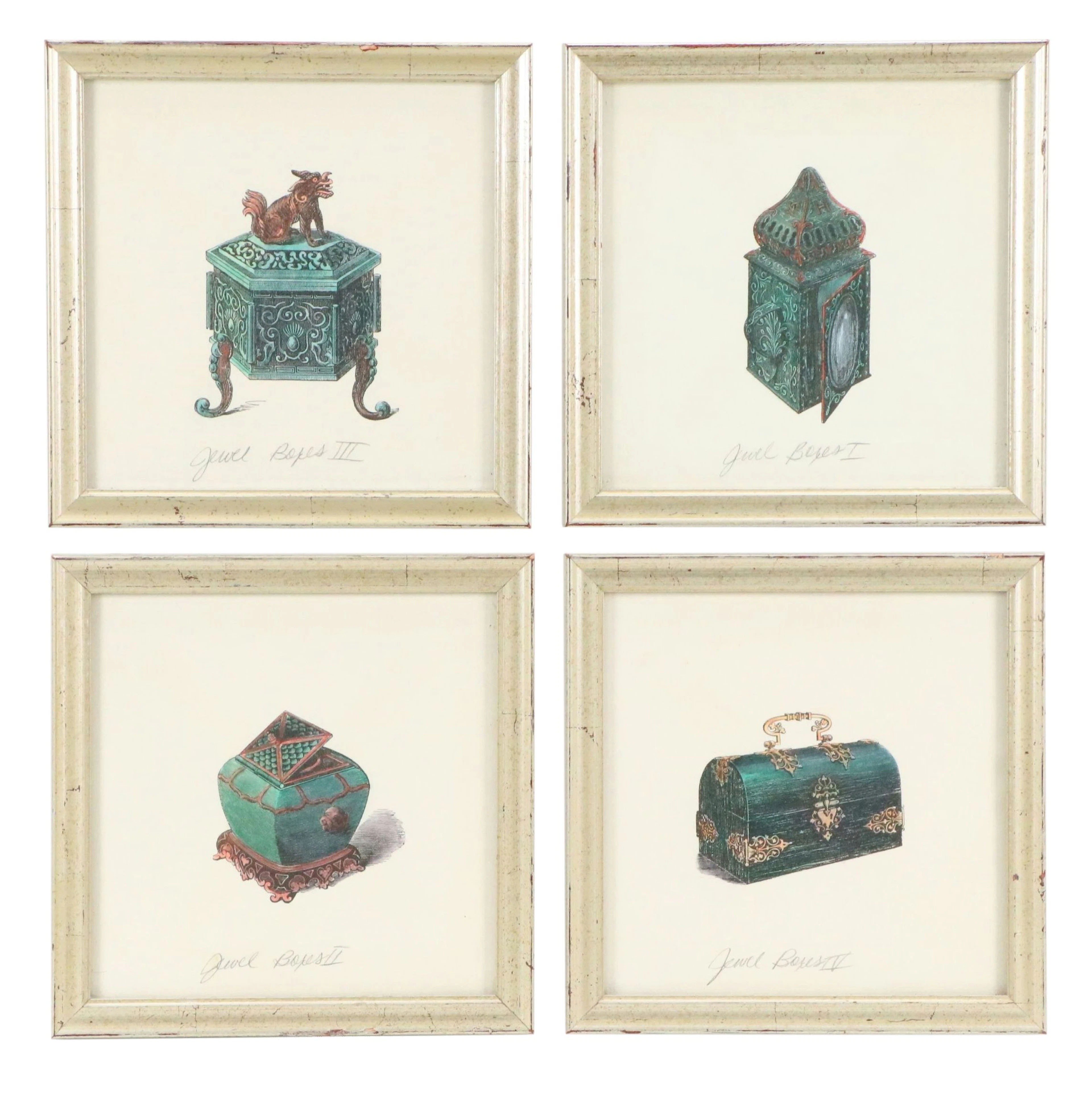 Hand-Colored Wood Engravings of Vintage Jewelry Boxes, 20th Century