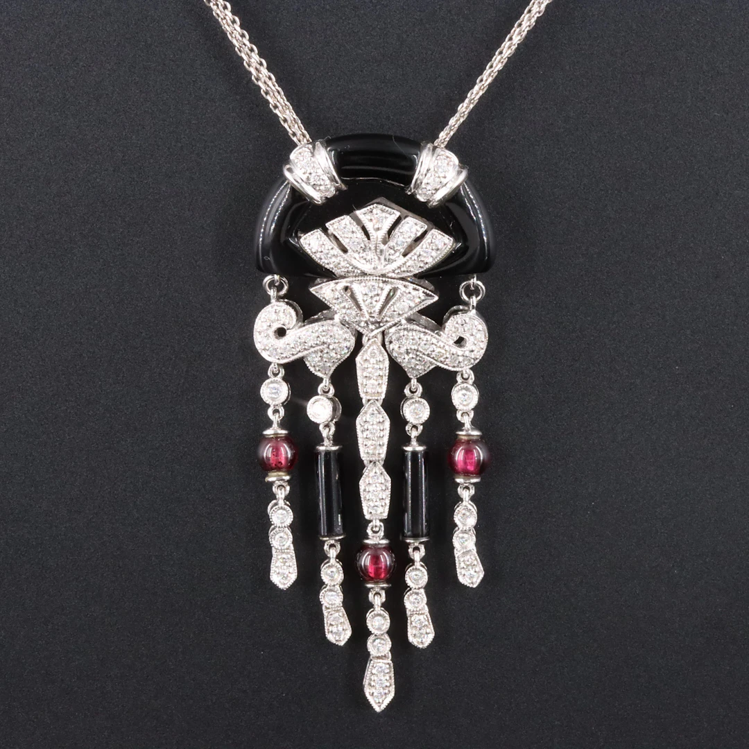 18K Asian Art Deco Style Onyx, Diamond & Garnet Fringe Pendant w/ 14K Chain