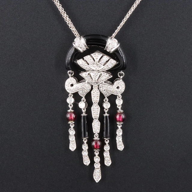 18K Asian Art Deco Style Onyx, Diamond & Garnet Fringe Pendant w/ 14K Chain