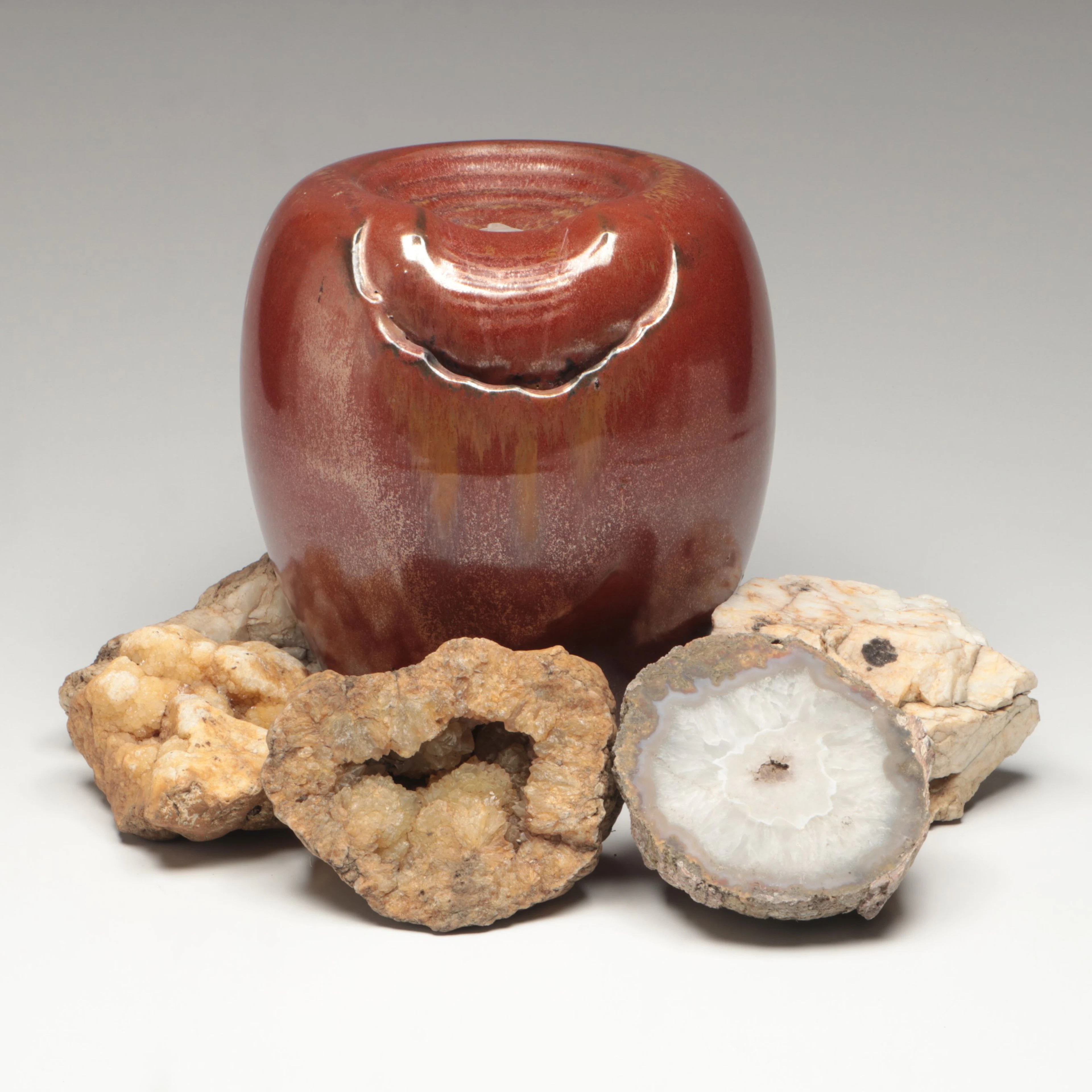 Small Ceramic Fountain Pot with Quartz, Agate and More Stones