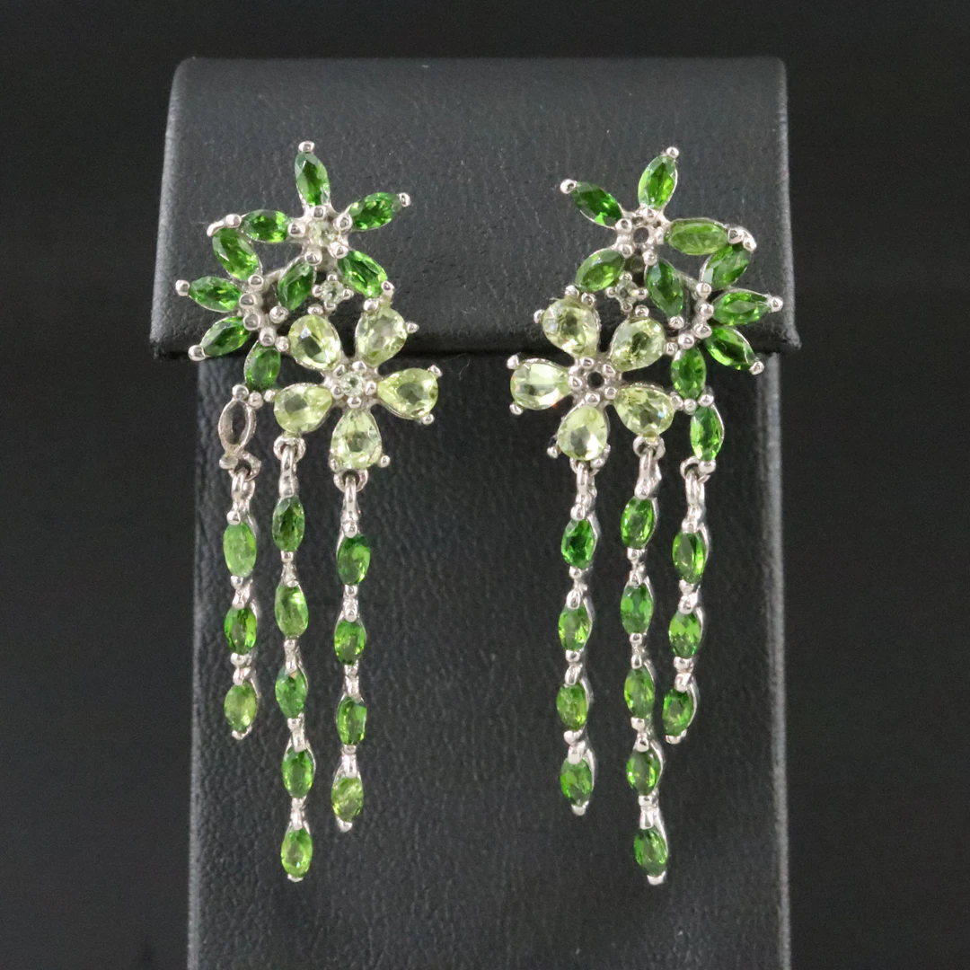 Sterling Diopside and Peridot Flower Earrings