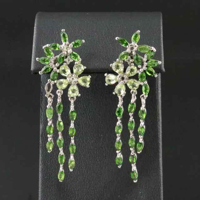 Sterling Diopside and Peridot Flower Earrings