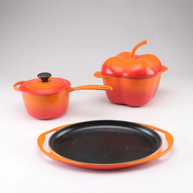 Le Creuset Griddle and Sauce Pan and Cook's Essentials Pepper-Shaped Casserole