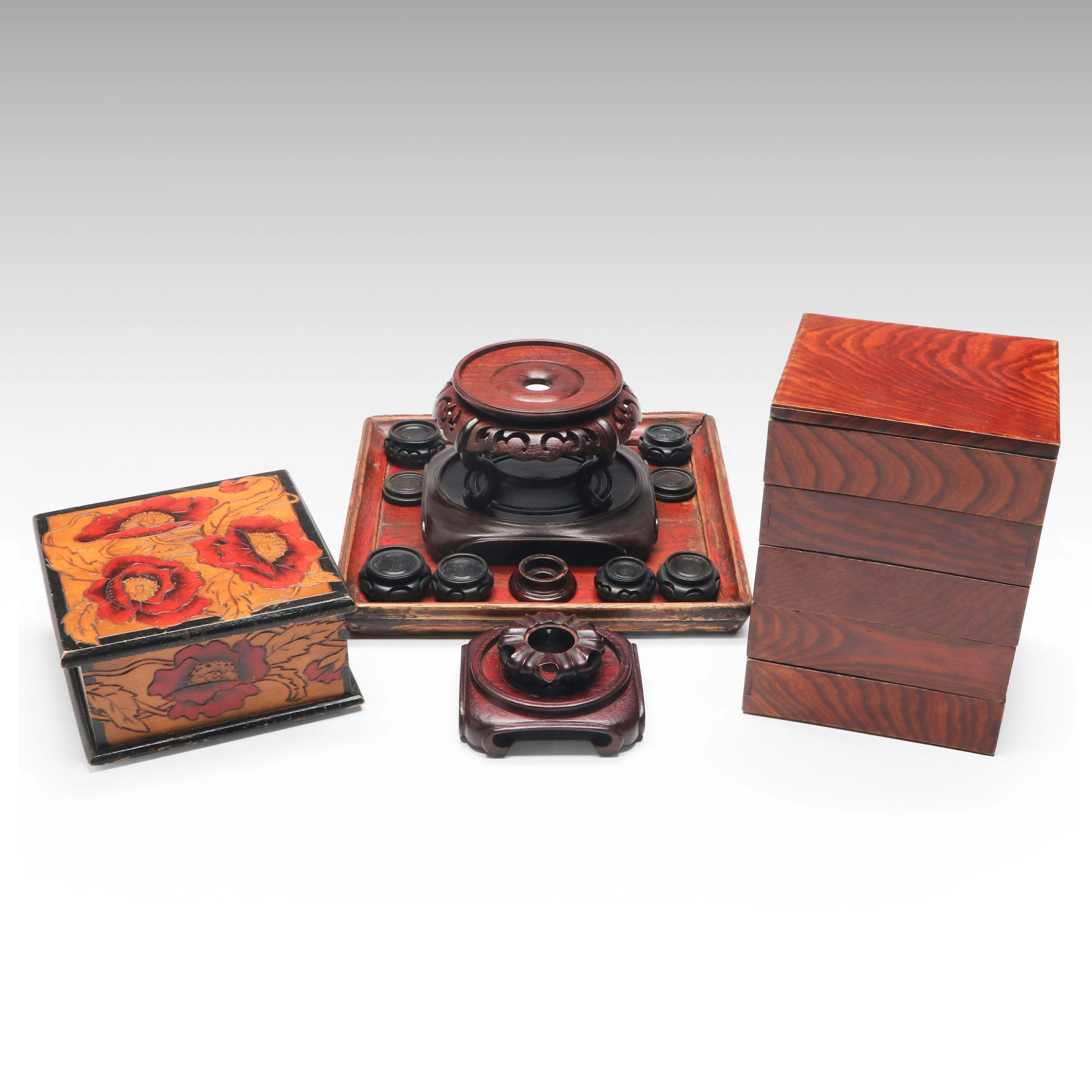Art Nouveau Style Pyrography Box with Japanese Bento Box and Other Decor
